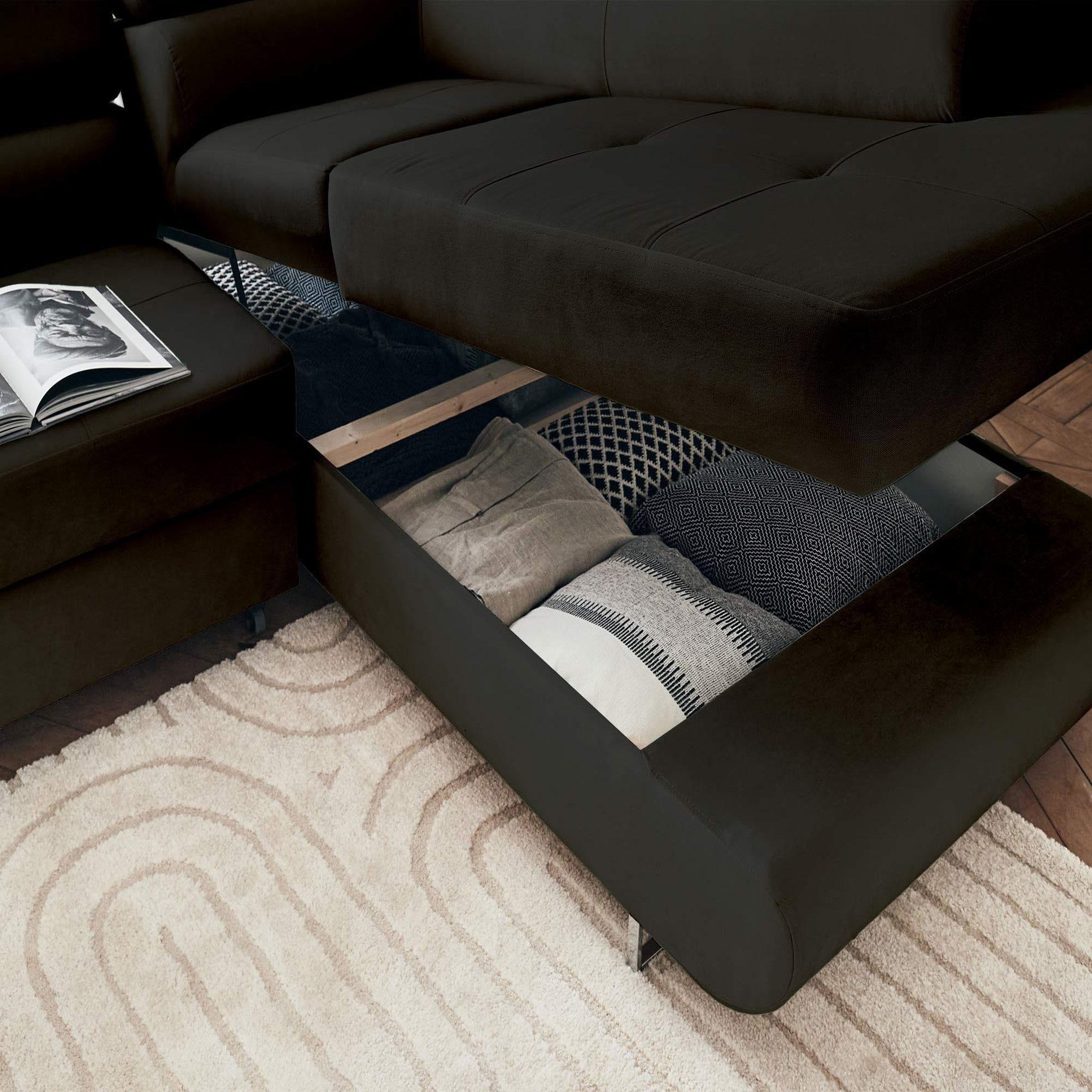 Voir la diapositive 3 : BEST MOBILIER Pablo - canapé d'angle droit - 5 places - convertible avec coffre et têtières réglables - en velours