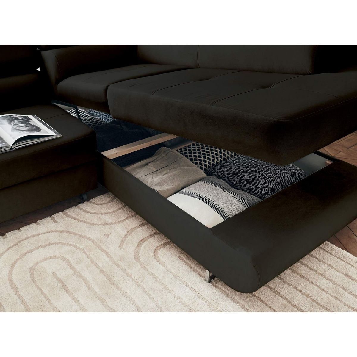 BEST MOBILIER Pablo - canapé d'angle droit - 5 places - convertible avec coffre et têtières réglables - en velours