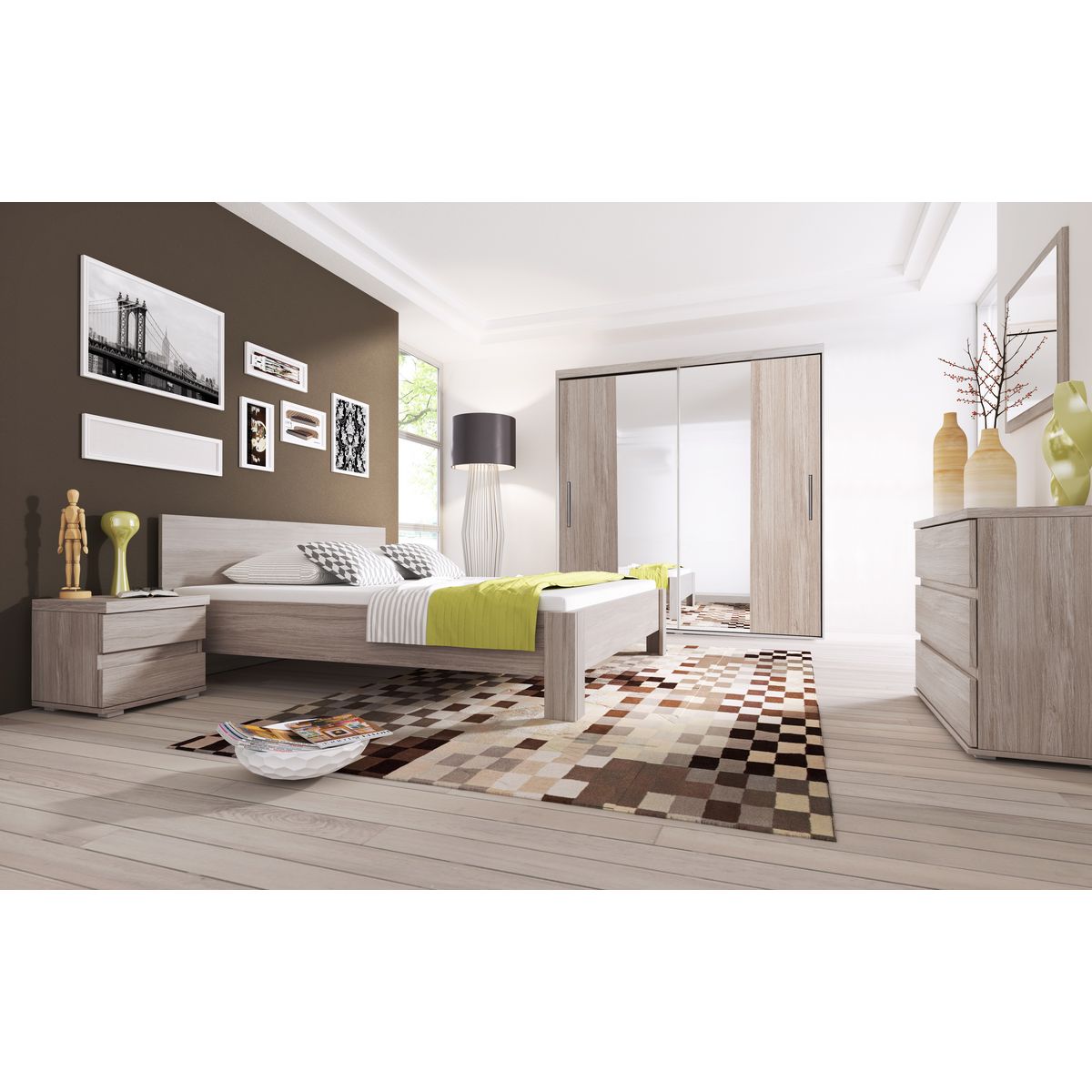 Chambre complète Lit 160x200cm + 2 chevet + 1 commode + 1 armoire CELINE