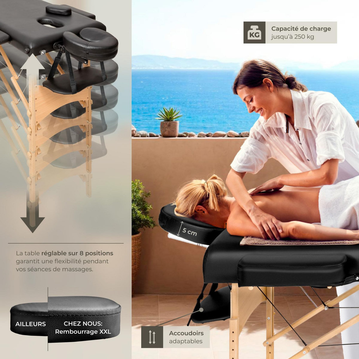 tectake Table de massage portable pliante 2 zones largeur 61 cm et rembourrage 5 cm noir