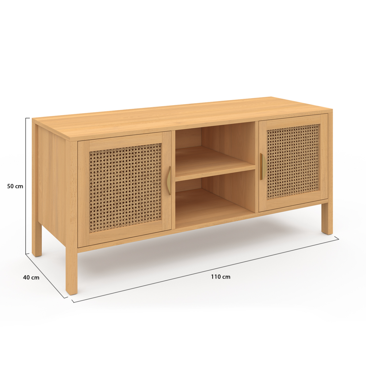 ID MARKET Meuble TV 110 cm EDHEN 2 portes bois et cannage