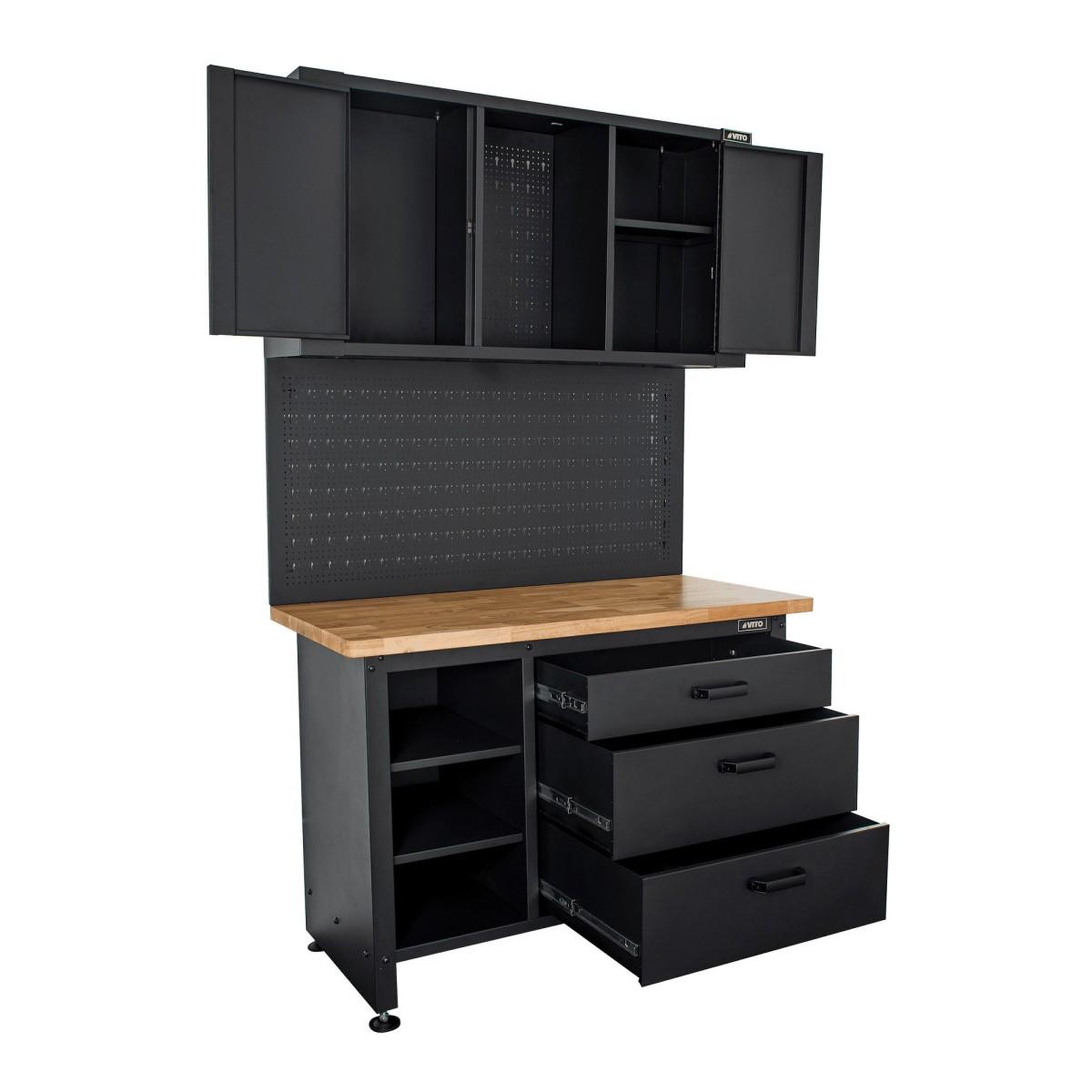 Voir la diapositive 6 : VITO Etabli d'Atelier Garage avec Armoire de Rangement - Plan de travail Bois 2 Armoires 3 tiroirs Panneau perforé Charge 500kg VITO
