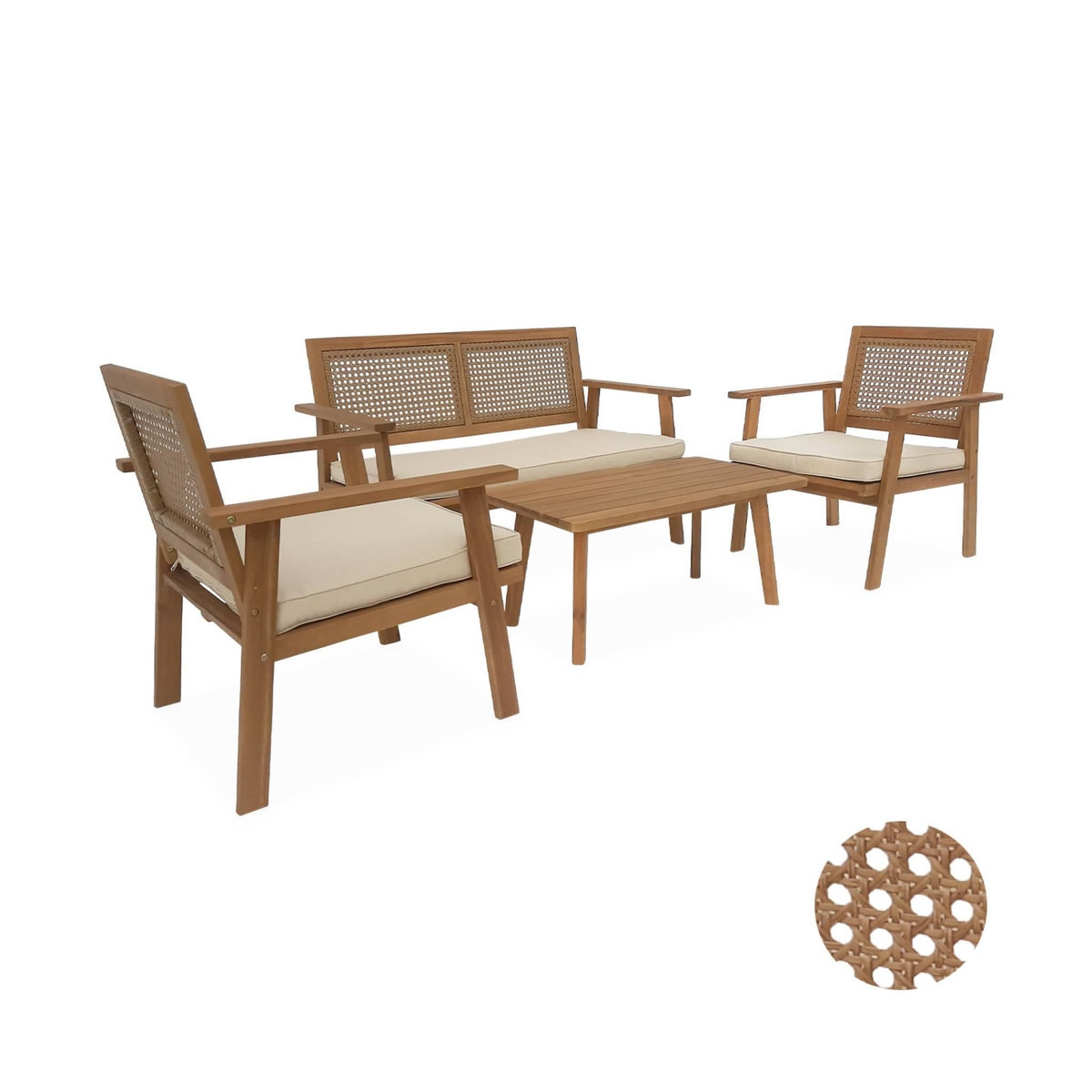 SWEEEK Salon de jardin en bois et cannage canapé 2 places, 2 fauteuils, 1 table basse - Bohémia 117x64x74 cm