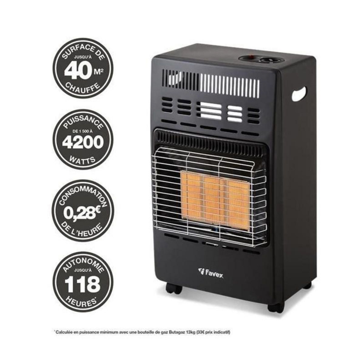 FAVEX Chauffage d'appoint infrarouge au gaz butane KERN - Allumage par piezo - Surface de chauffe jusqu'a 40 m² - 3 niveaux de puissa
