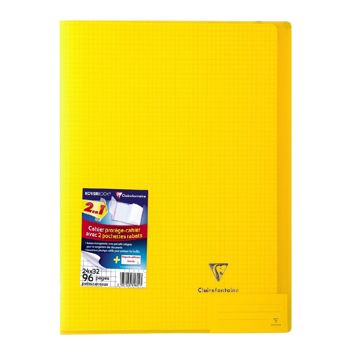 CLAIREFONTAINE  Cahier piqué Koverbook 24x32cm 96 pages petits carreaux 5x5 jaune transparent