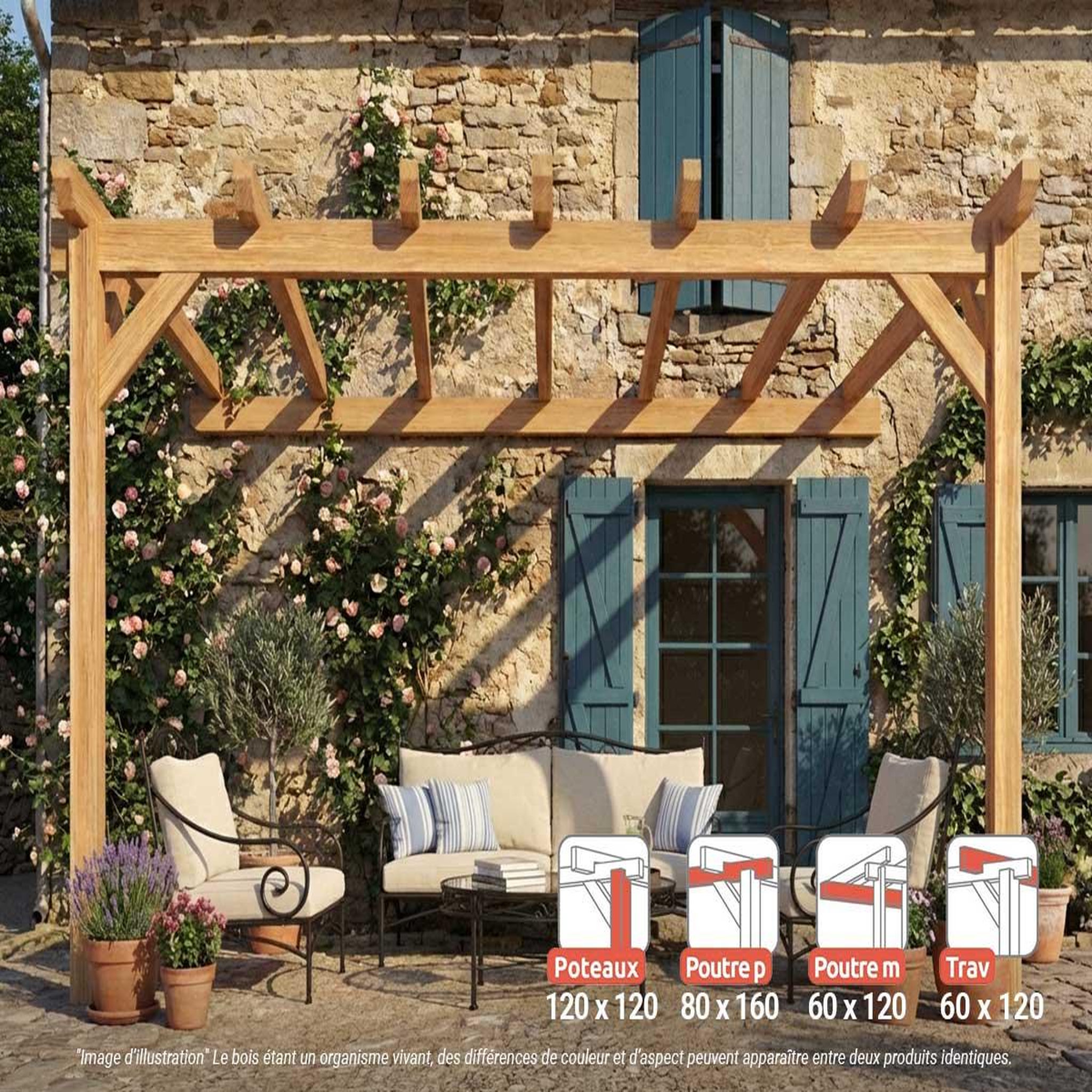 Voir la diapositive 1 : JARDIDECO Pergola adossée en lamellé-collé versailles 500 x 400 cm - maderland