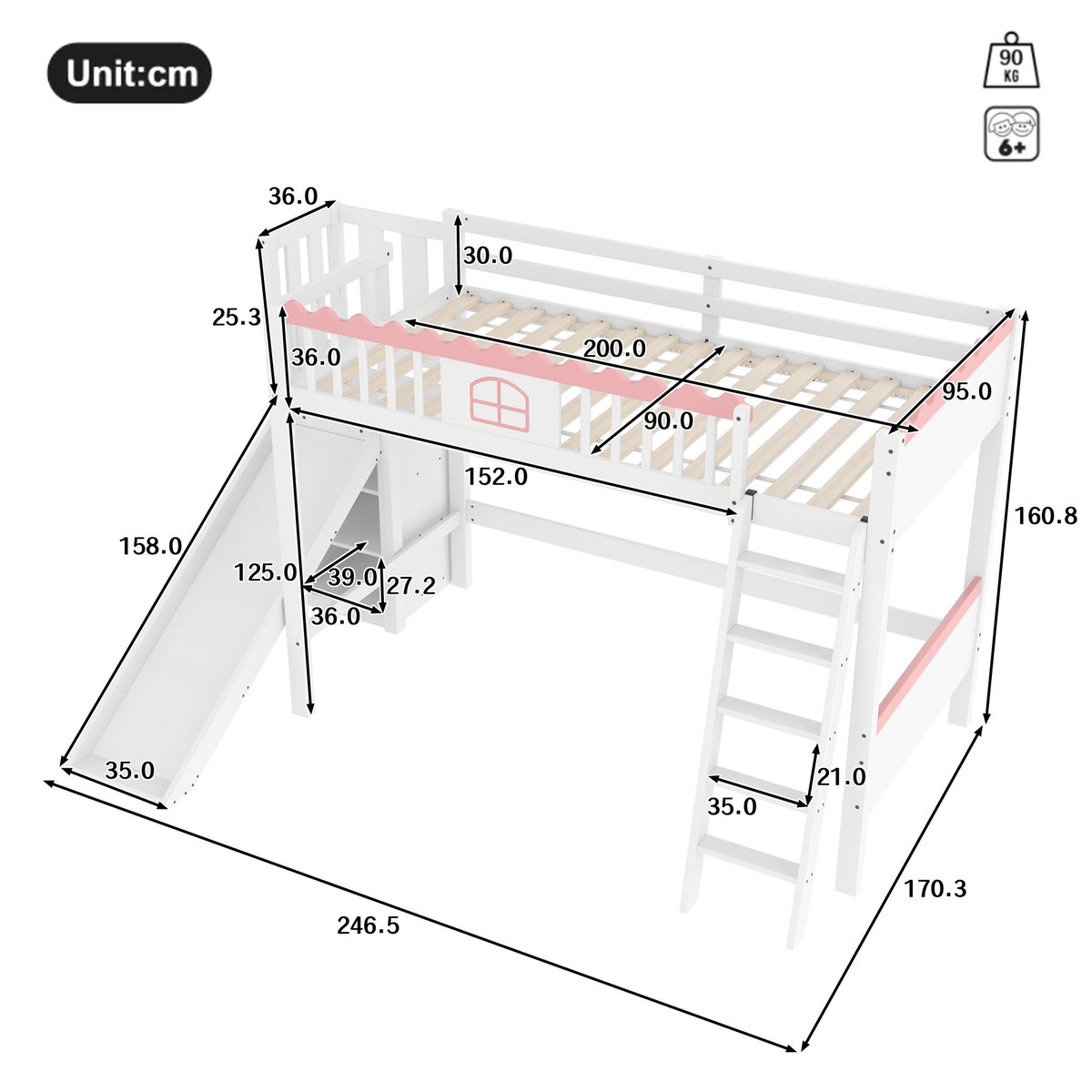 MERAX Lit combiné enfant 90x200cm pin coloris blanc et rose