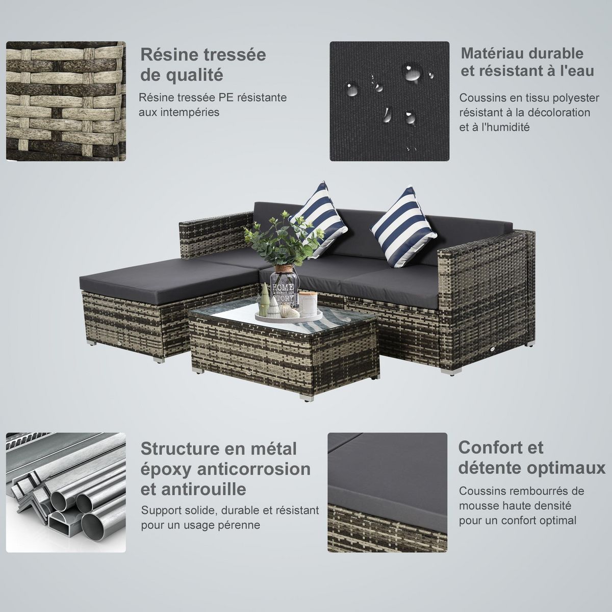 OUTSUNNY Ensemble salon de jardin 4 places 5 pièces coussins zippés déhoussables polyester résine tressée gris
