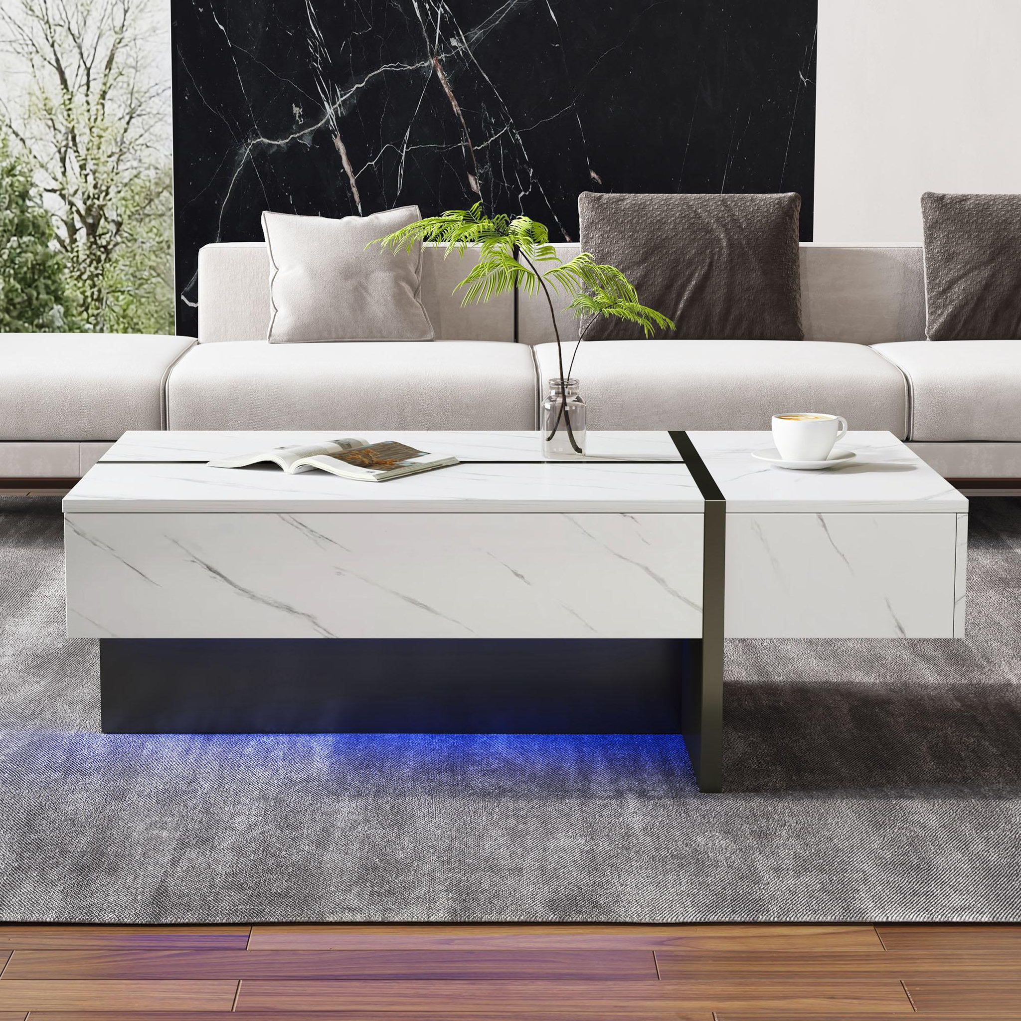Voir la diapositive 2 : MERAX Table Basse Brillante Avec LED Et 3 Tiroirs, Placage Marbre, Blanc 105*60*35cm