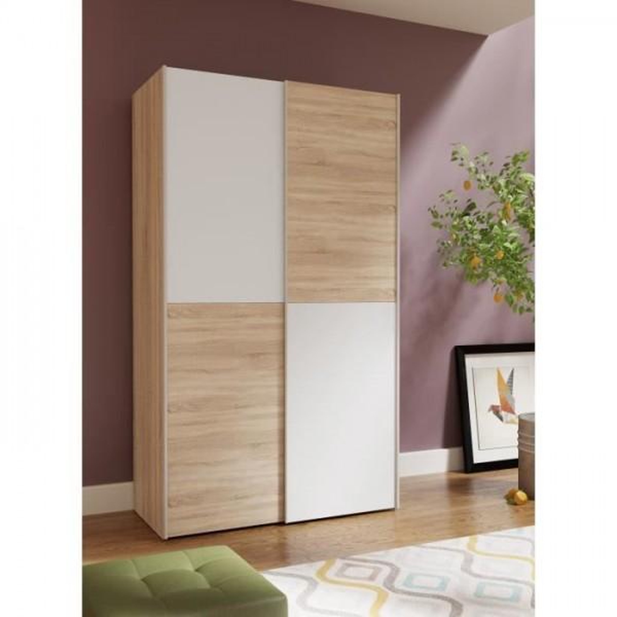 Voir la diapositive 3 : MARKET24 Armoire 2 portes coulissantes - Panneaux de particules - Blanc mat et décor chene - L 120 x P 61,2 x H 190,5 cm - OZZULA