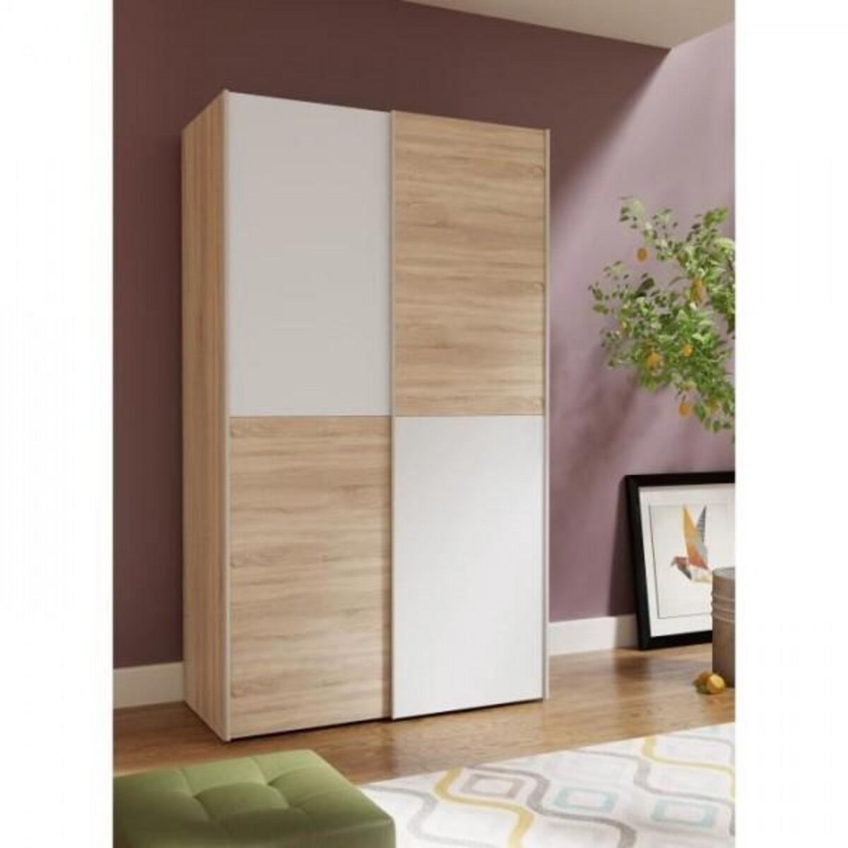 MARKET24 Armoire 2 portes coulissantes - Panneaux de particules - Blanc mat et décor chene - L 120 x P 61,2 x H 190,5 cm - OZZULA