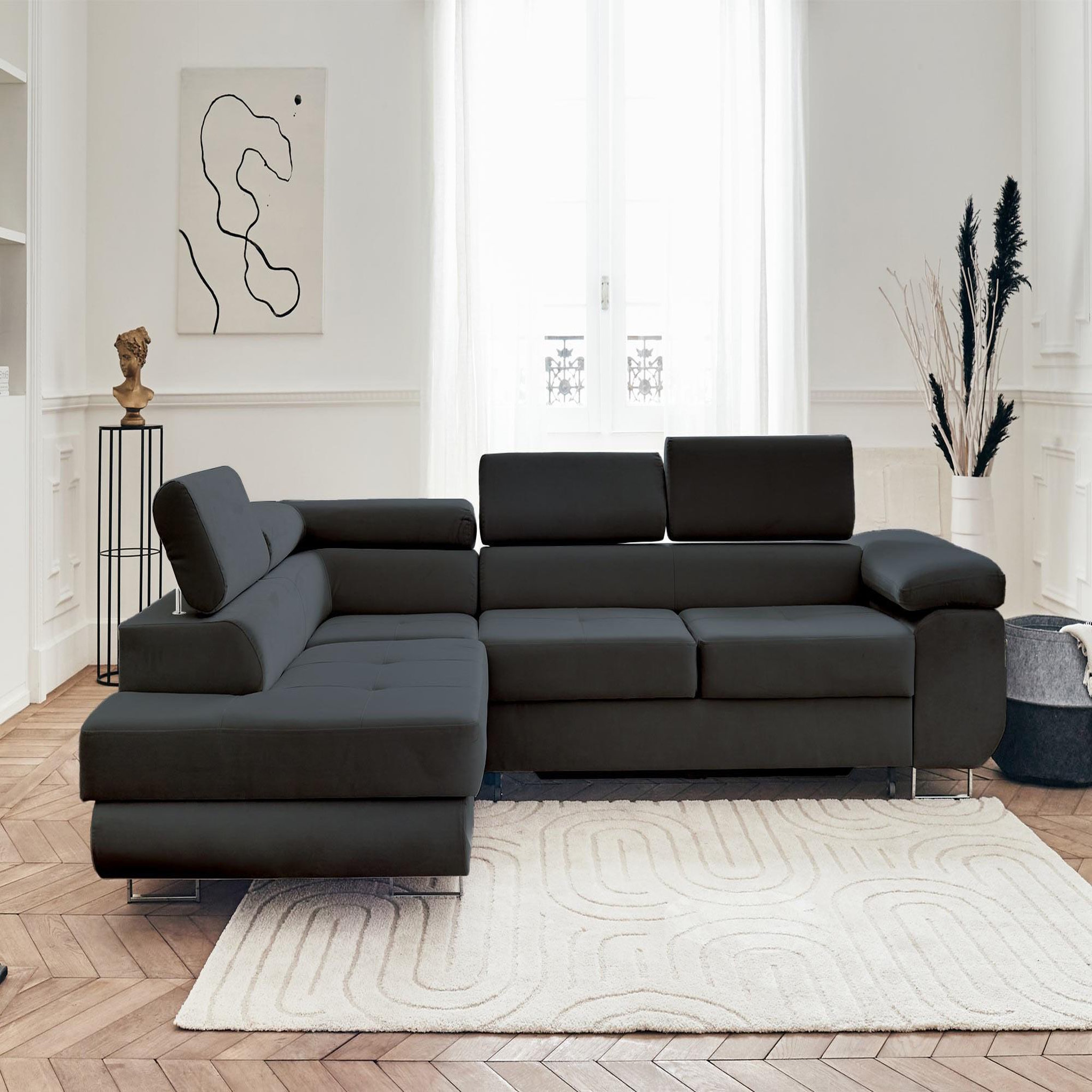 Voir la diapositive 6 : BEST MOBILIER Pablo - canapé d'angle gauche - 5 places - convertible avec coffre et têtières réglables - en velours