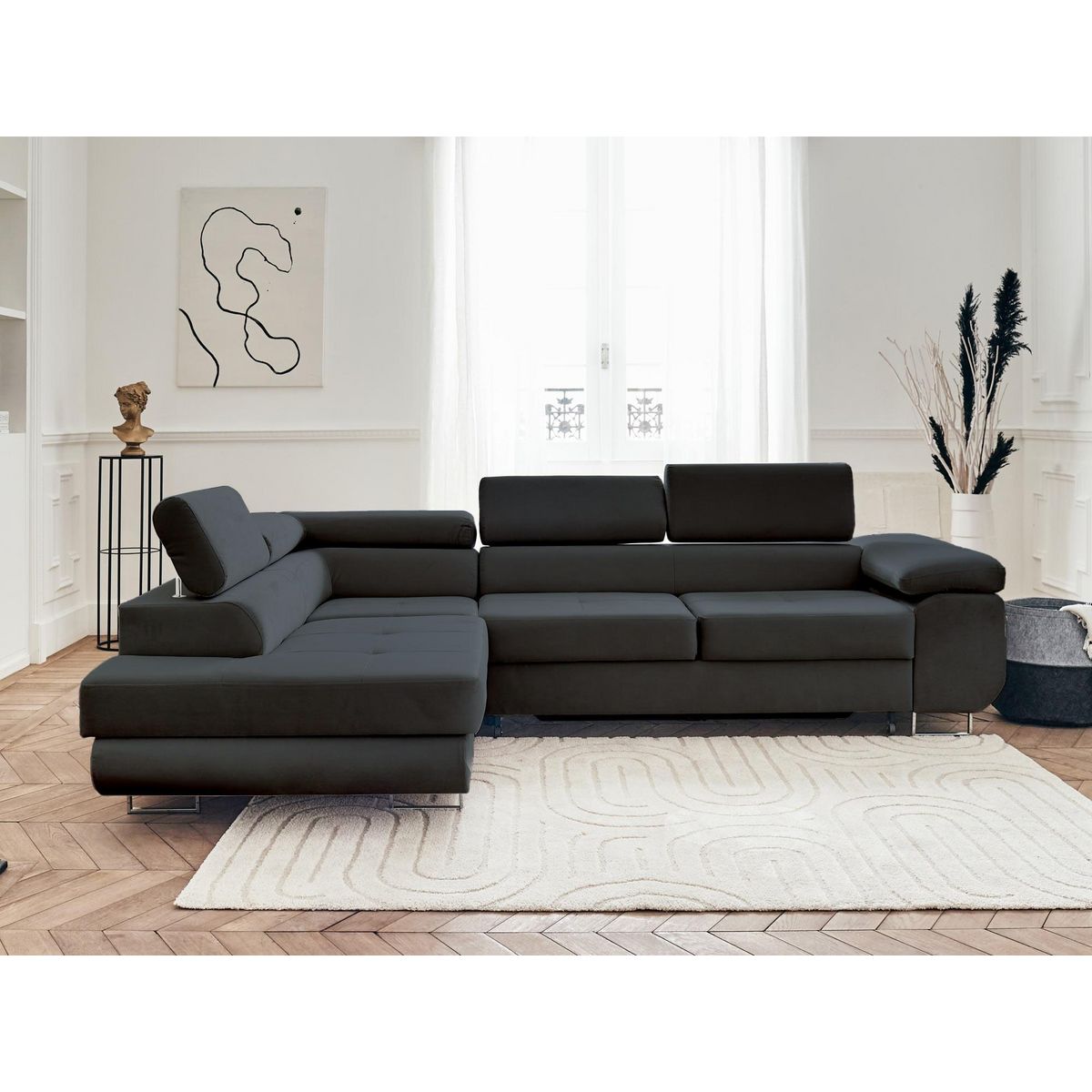 BEST MOBILIER Pablo - canapé d'angle gauche - 5 places - convertible avec coffre et têtières réglables - en velours