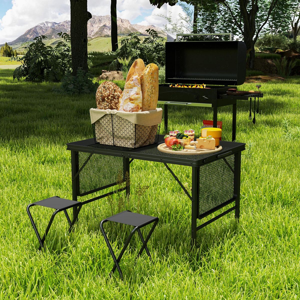 OUTSUNNY Table de camping pliante portable hauteur réglable 2 étagères piètement alu maille métal noir