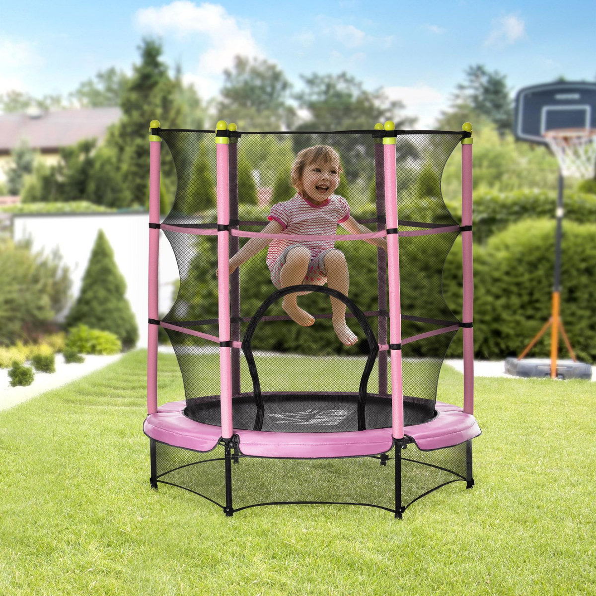 HOMCOM Trampoline enfant Ø 1,40 × 1,60H m filet de sécurité porte zipée couvre-ressorts 6 poteaux rembourrés inclus rose