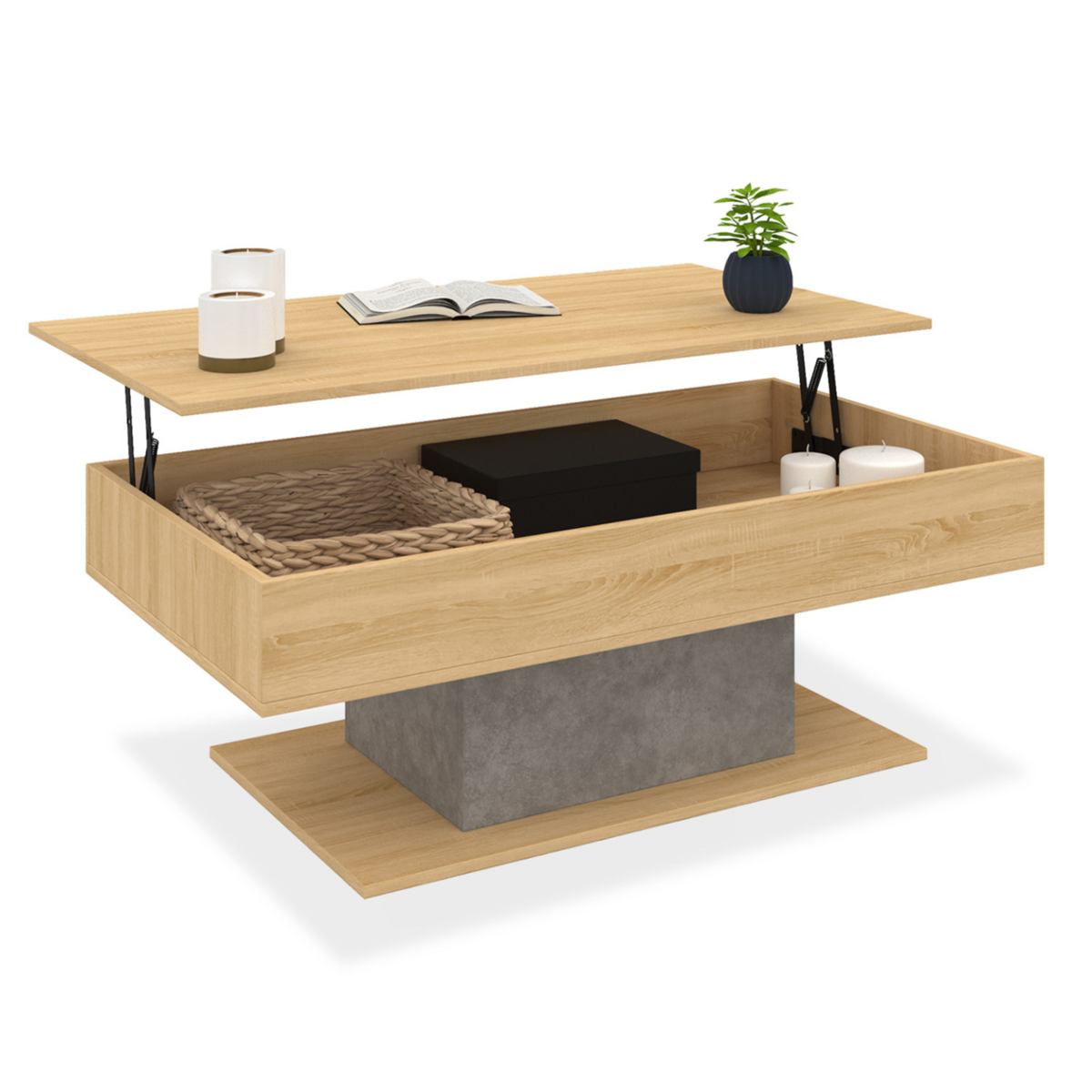 ID MARKET Table basse plateau relevable rectangulaire EDEN bois et effet béton