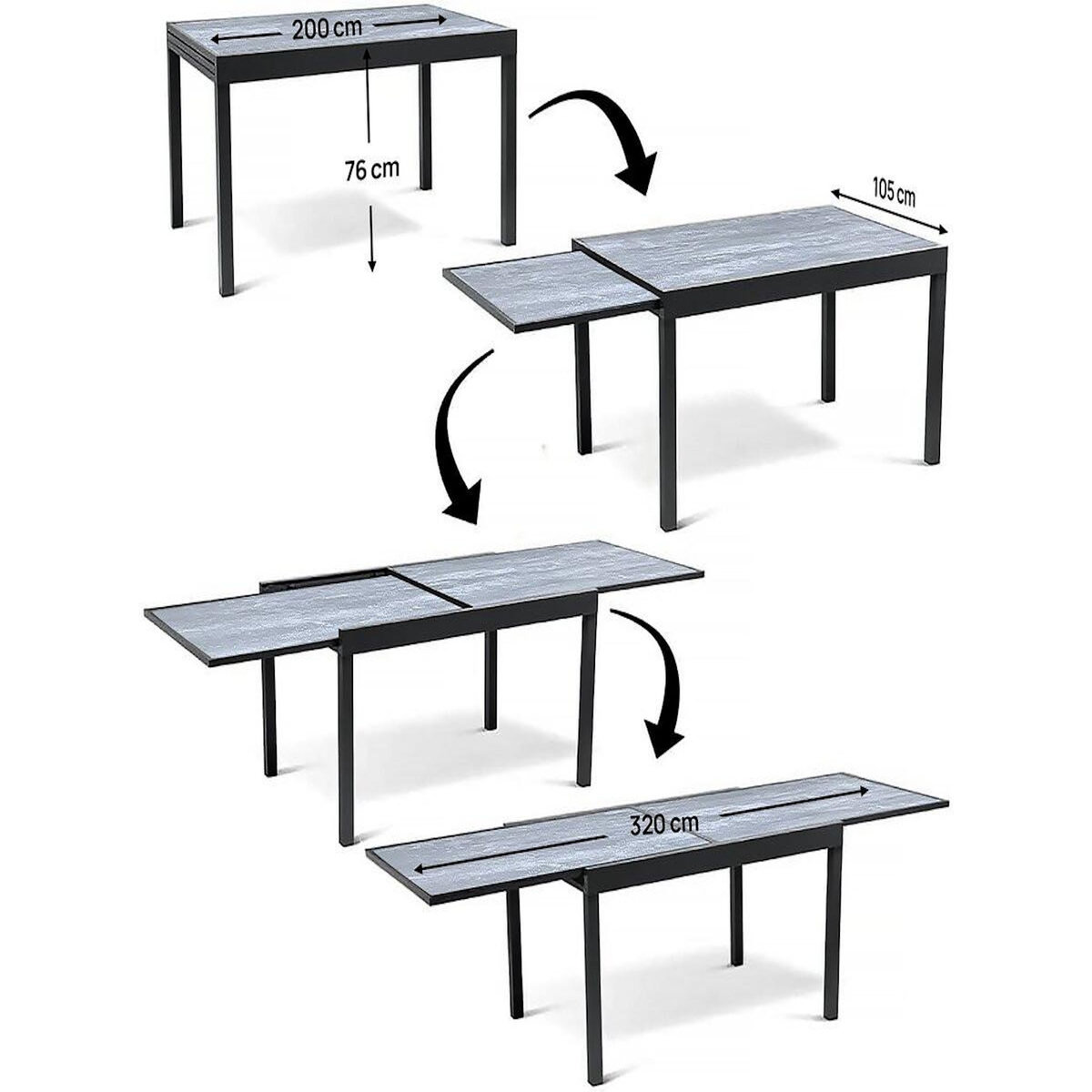 Habitat et Jardin Salon de jardin repas extensible  Lagos  - Table extensible 200/320 x 105 x 76 cm - 10 chaises - Noir