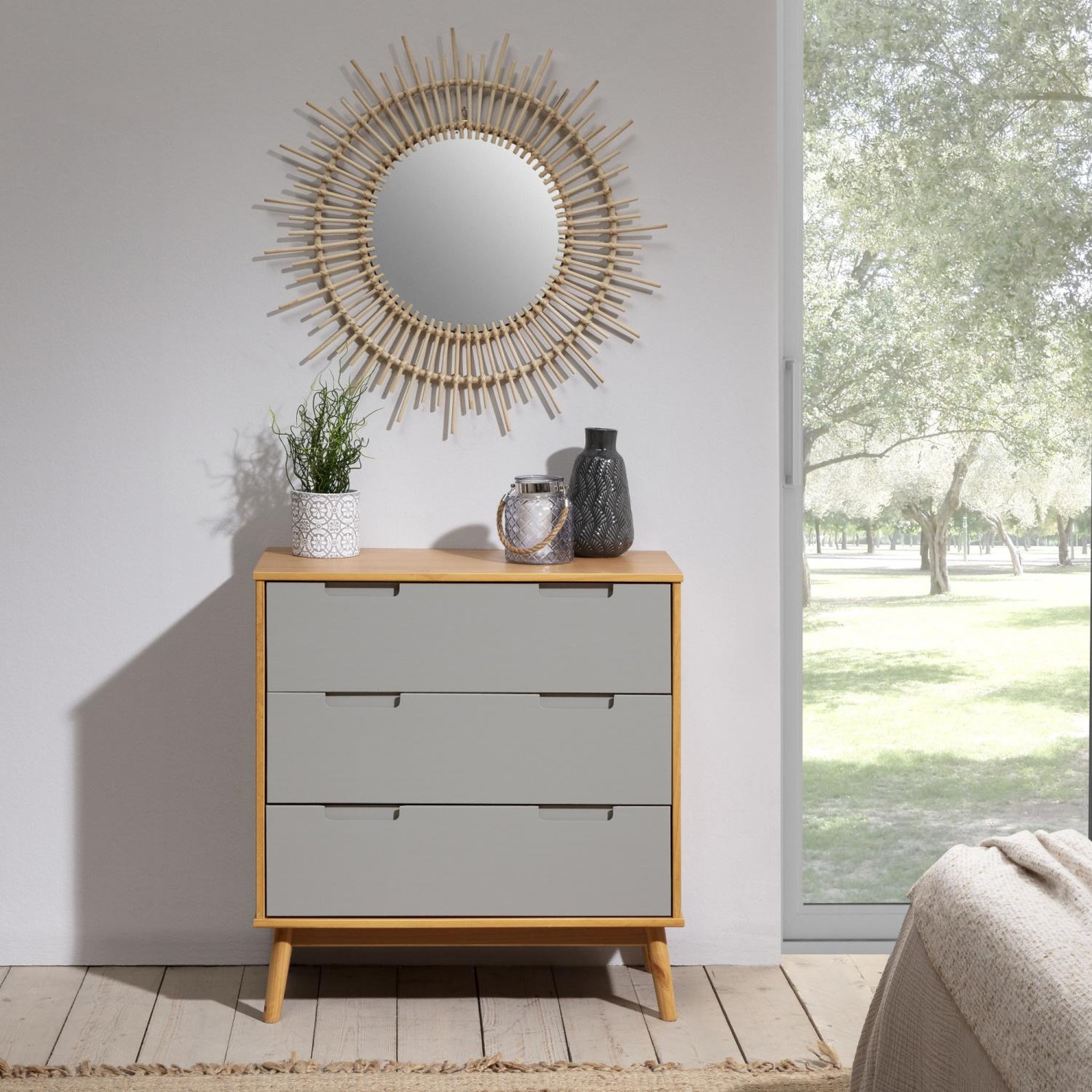 Voir la diapositive 4 : VS VENTA-STOCK Commode de nuit Bruce avec 3 tiroirs, bois massif, 80 cm Largeur