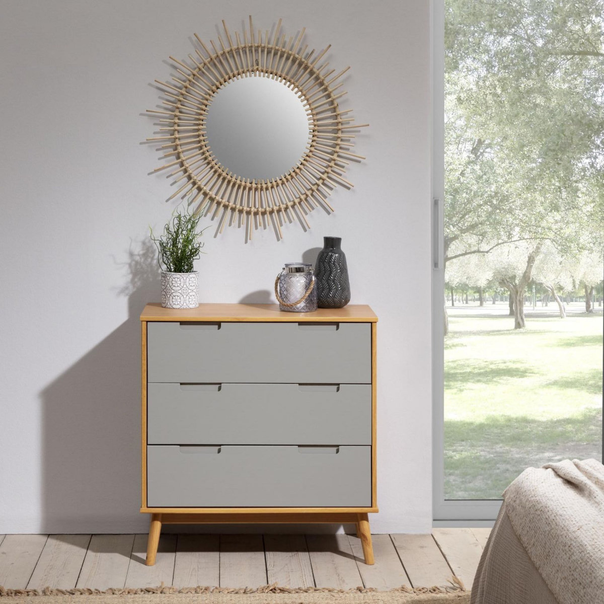 VS VENTA-STOCK Commode de nuit Bruce avec 3 tiroirs, bois massif, 80 cm Largeur