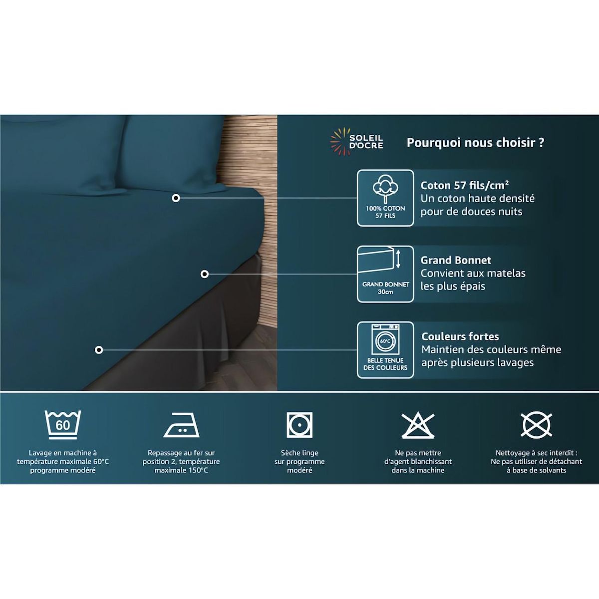 SOLEIL D'OCRE Drap housse en coton 57 fils UNI, par Soleil d'ocre