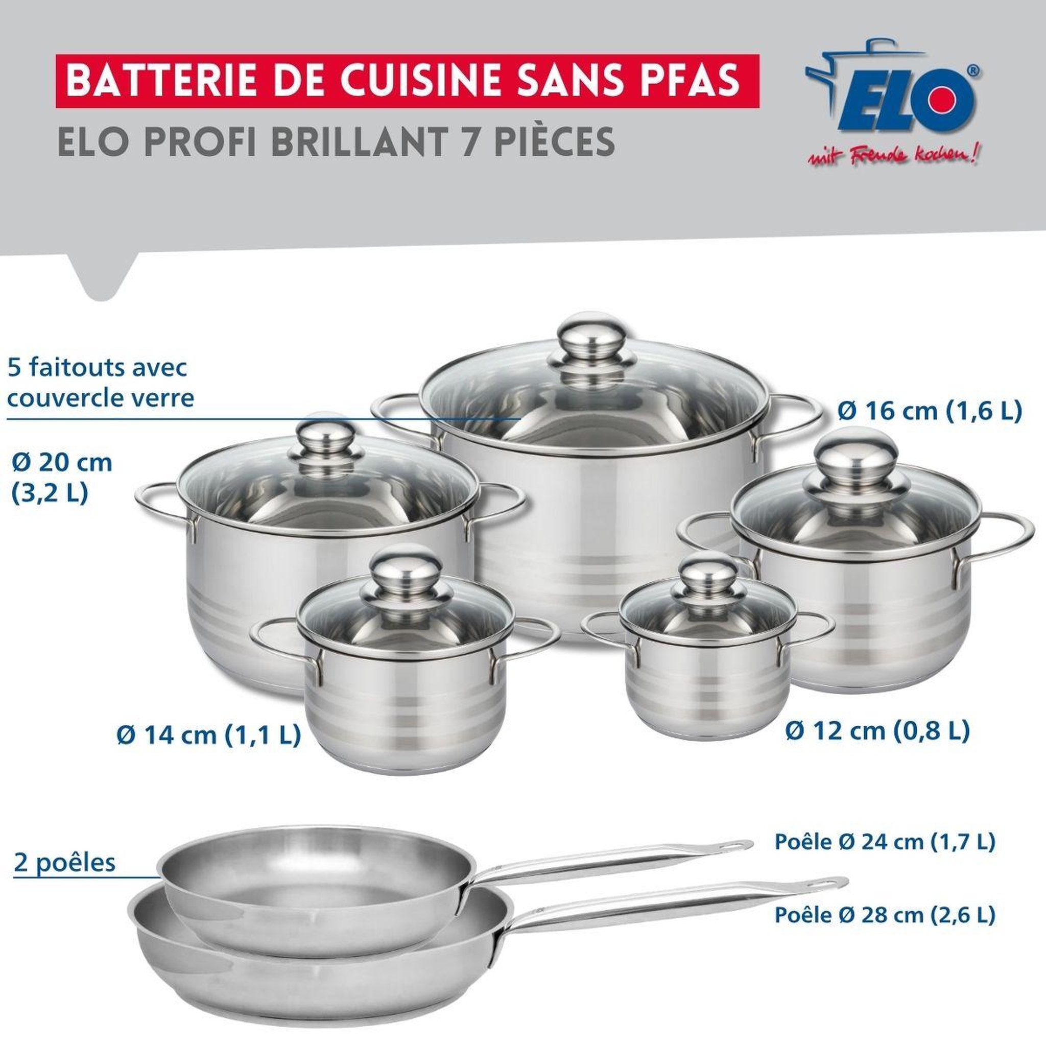 Voir la diapositive 2 : ELO Ensemble de 2 poêles de cuisson 24 et 28 cm et 5 faitouts 12, 14, 16, 20 et 24 cm elo profi brillant