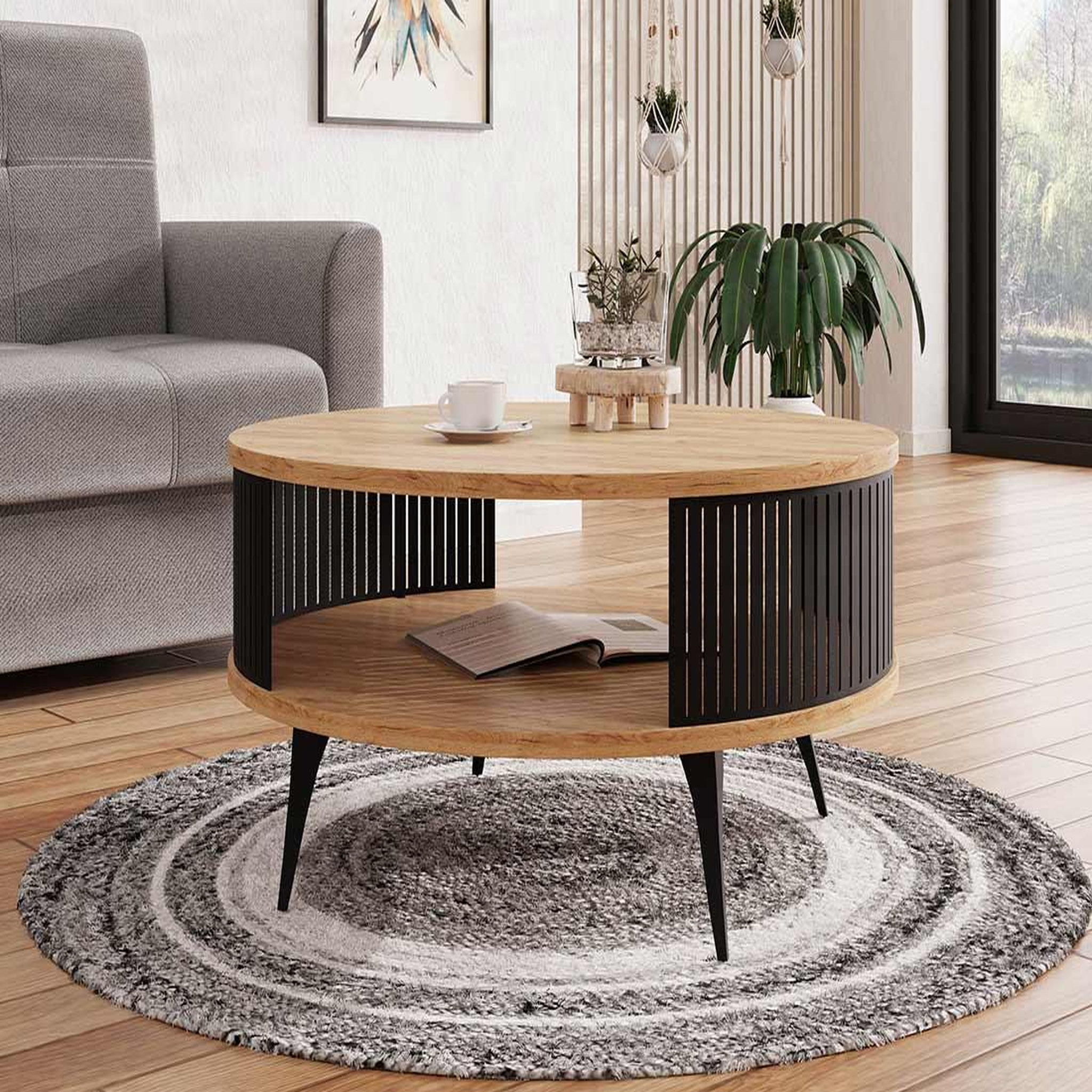 Voir la diapositive 3 : BEST MOBILIER Forini - table basse ronde - aspect chêne naturel et noir - 1 niche - 75 cm