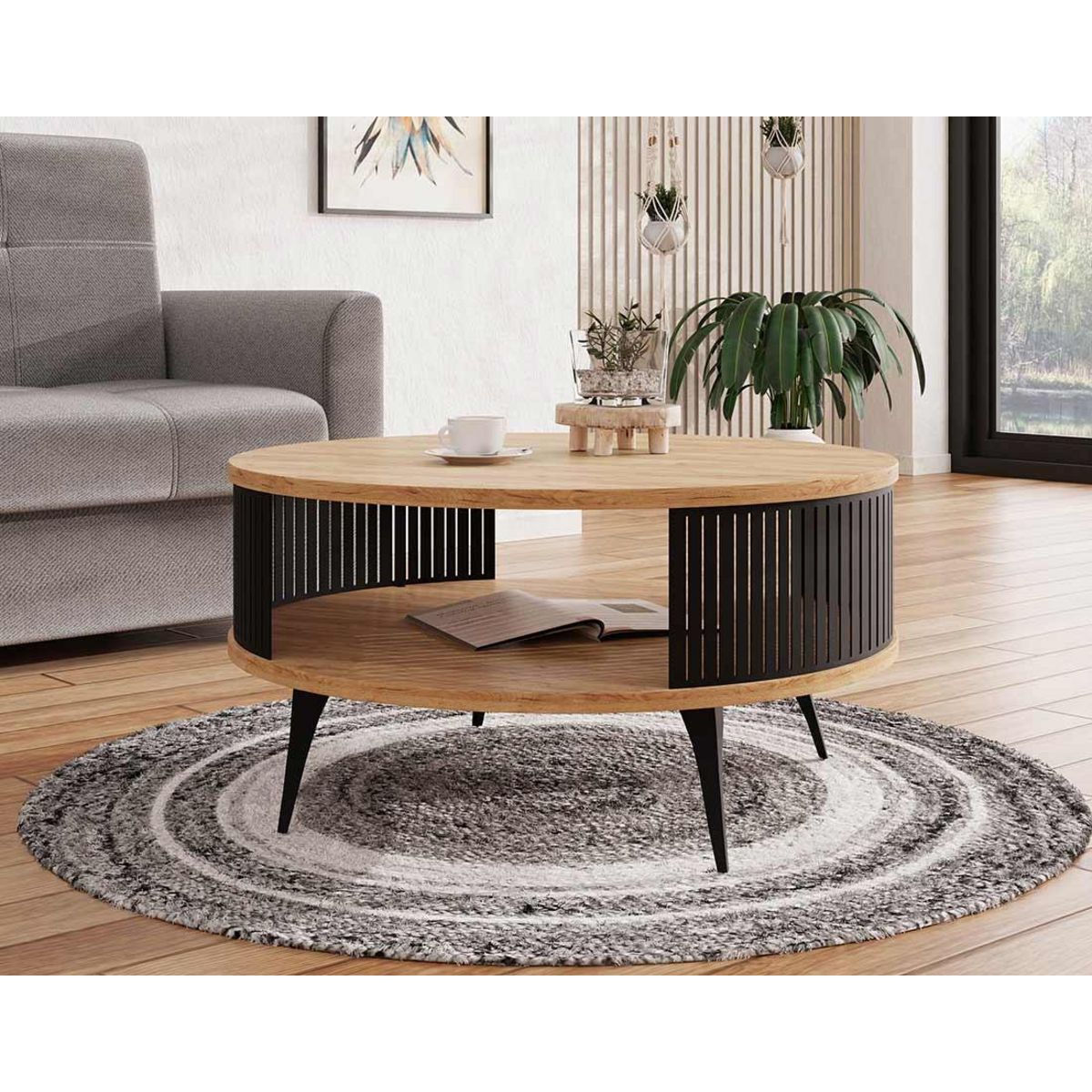 BEST MOBILIER Forini - table basse ronde - aspect chêne naturel et noir - 1 niche - 75 cm