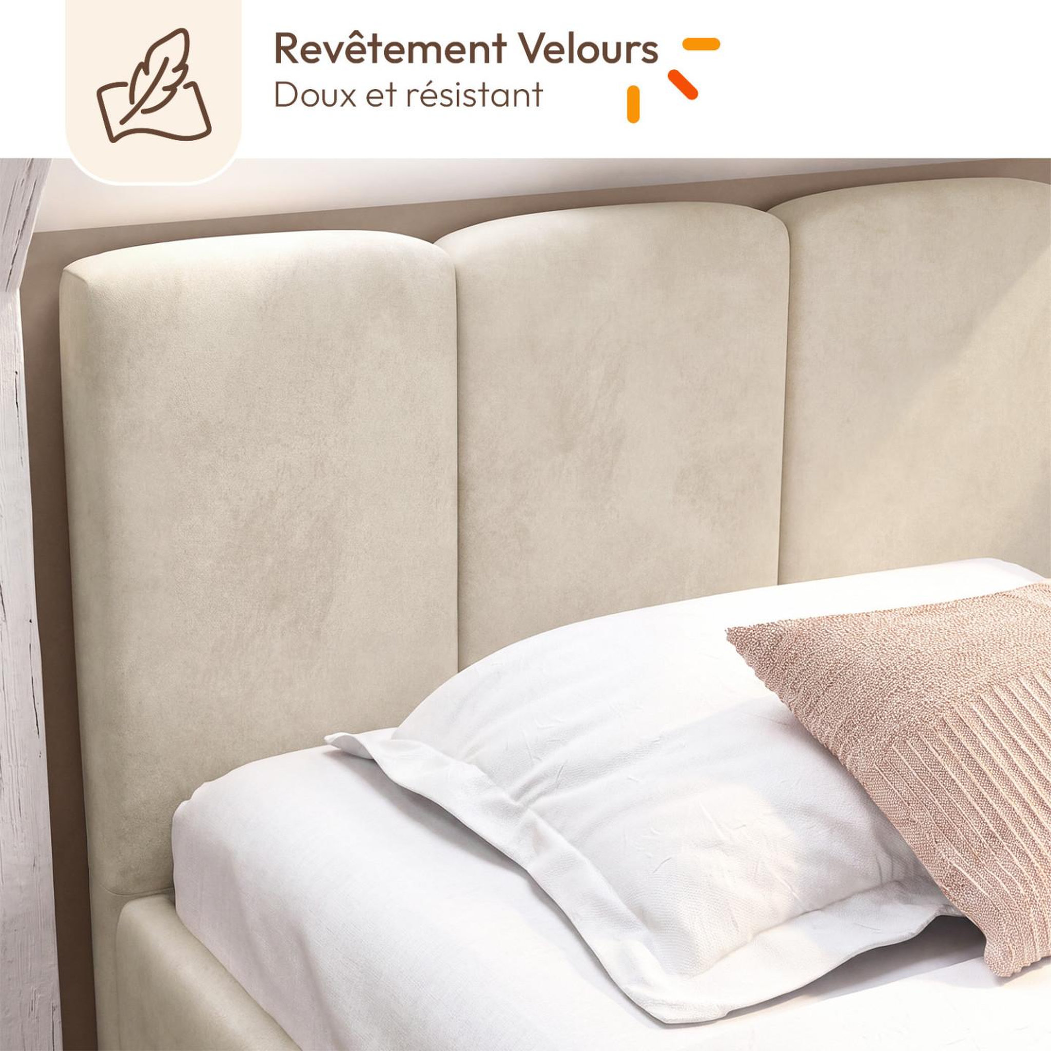 Voir la diapositive 6 : ID MARKET Lit coffre simple nuage avec tête de lit matelassée et sommier 90 x 190 cm velours beige