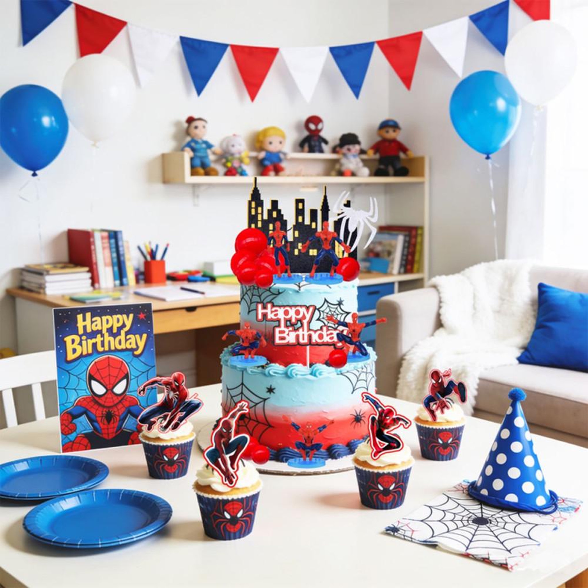 Voir la diapositive 6 : Kit décoration gâteau Spider-Man avec 4 grands toppers, 7 figurines et 43 pièces