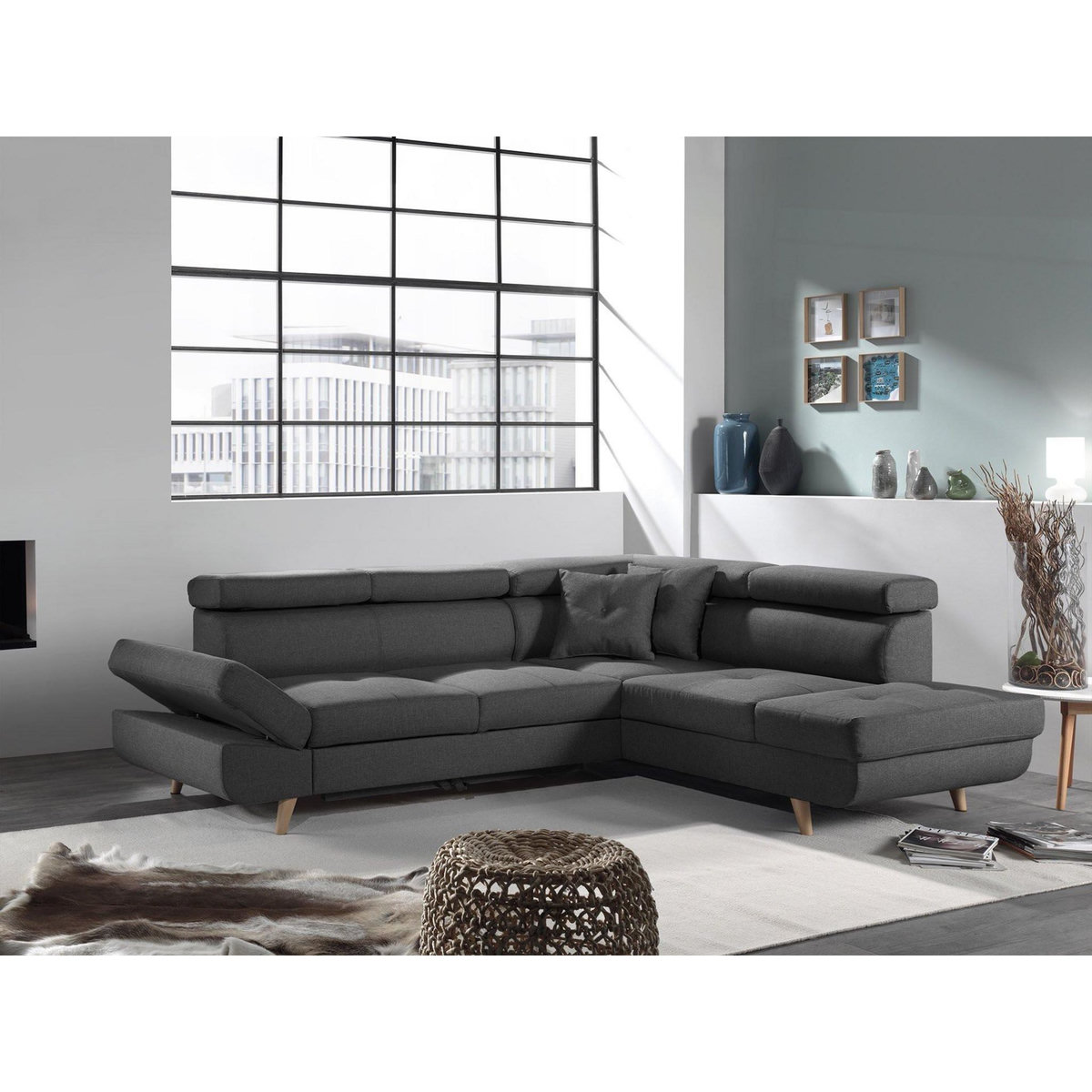 BEST MOBILIER Linea - canapé d'angle droit convertible - 5 places - avec têtières