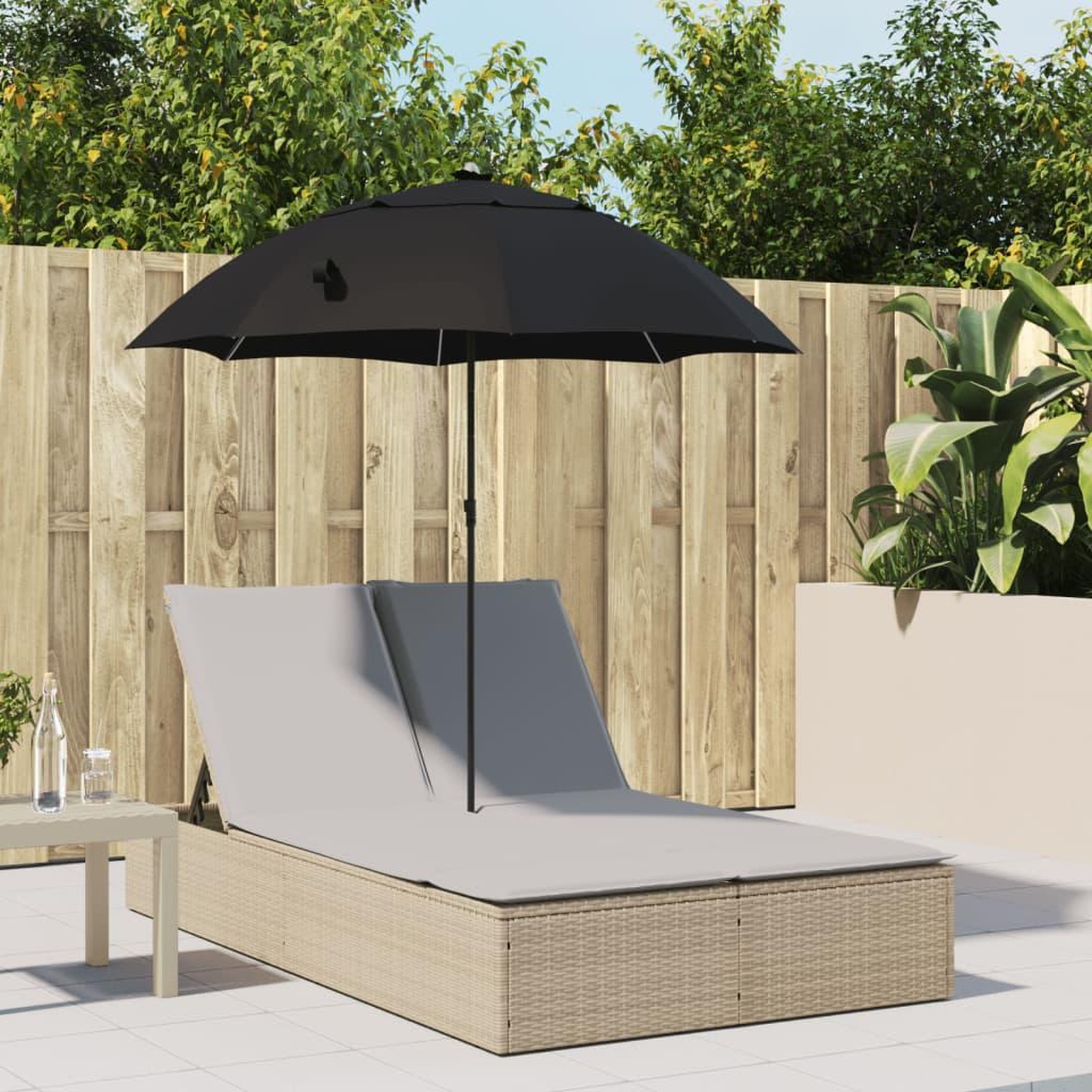 VIDAXL Chaise longue double avec coussins et parasol beige poly rotin