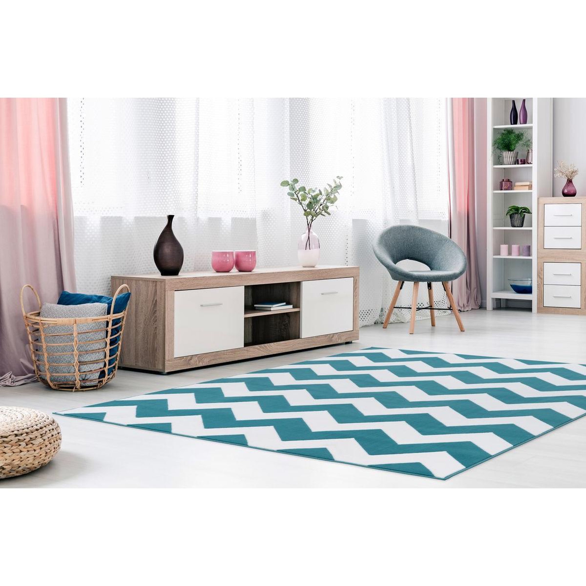 Voir la diapositive 2 : Paris Prix Tapis géométrique à poils courts  manolya  turquoise