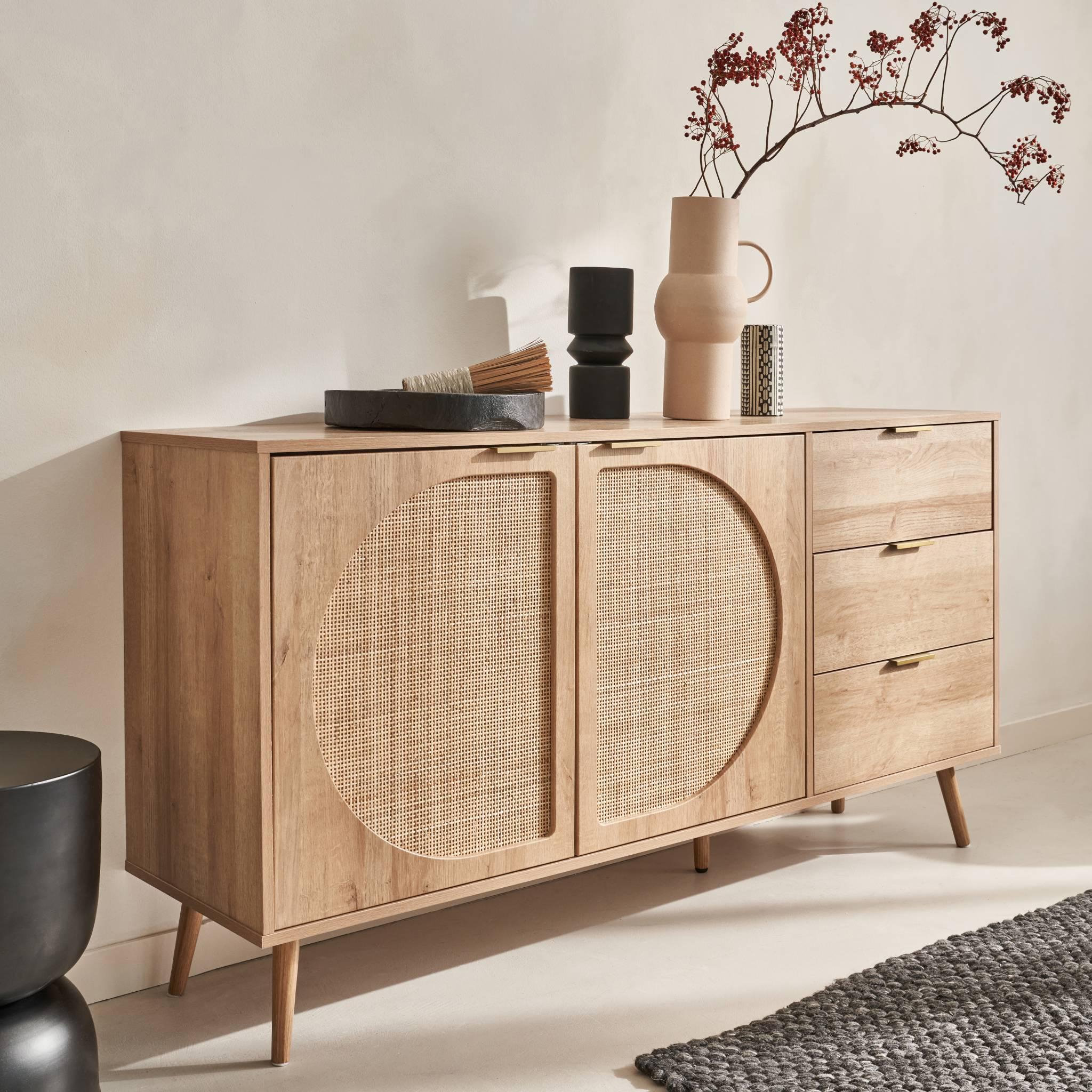 Voir la diapositive 3 : SWEEEK Buffet de rangement. Eva.  décor bois et cannage arrondi. 2 portes 3 tiroirs. buffet bas. L 150 x l 39 x H 79cm