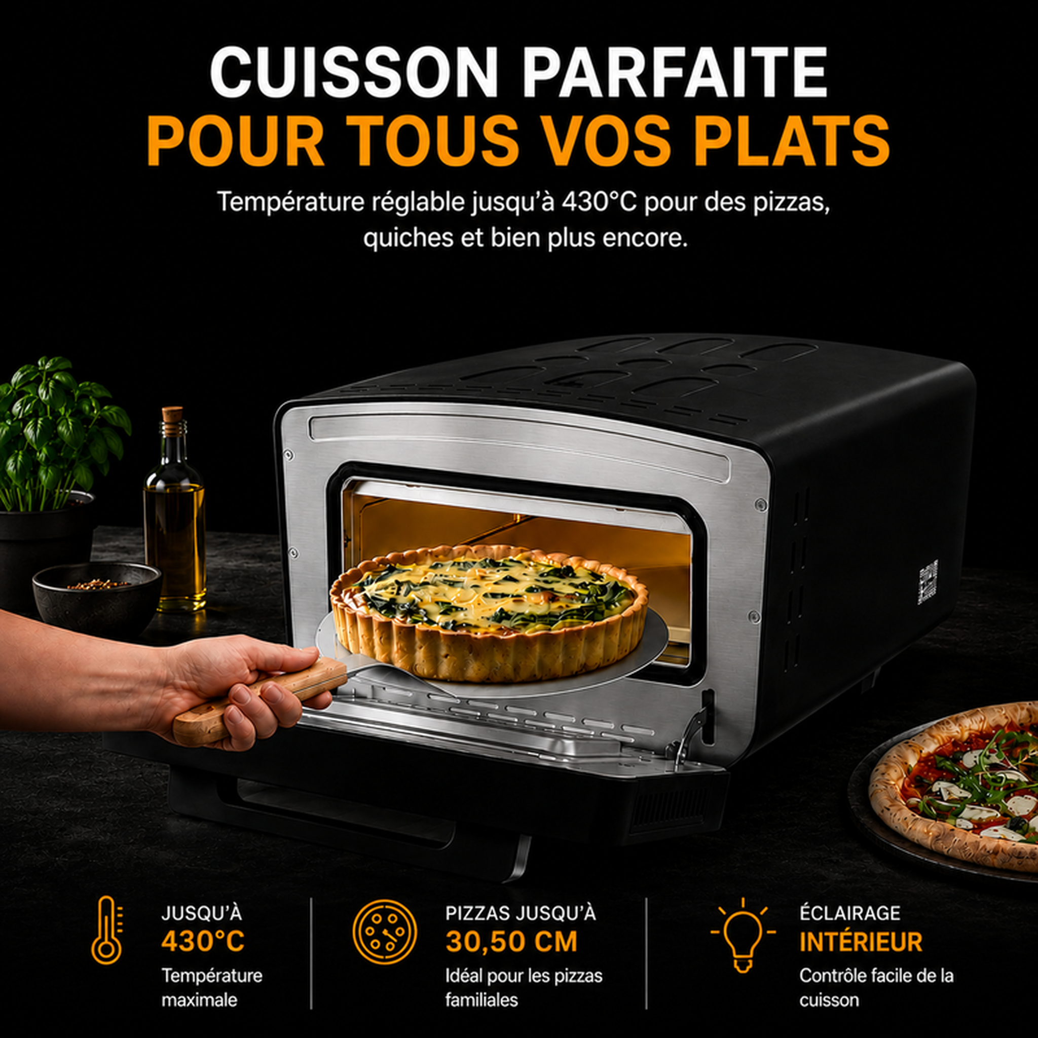 Voir la diapositive 3 : KITCHENCOOK Kitchencook - k pizza lite - four à pizza électrique - cuisson 3 minutes - 2200w - 430°c
