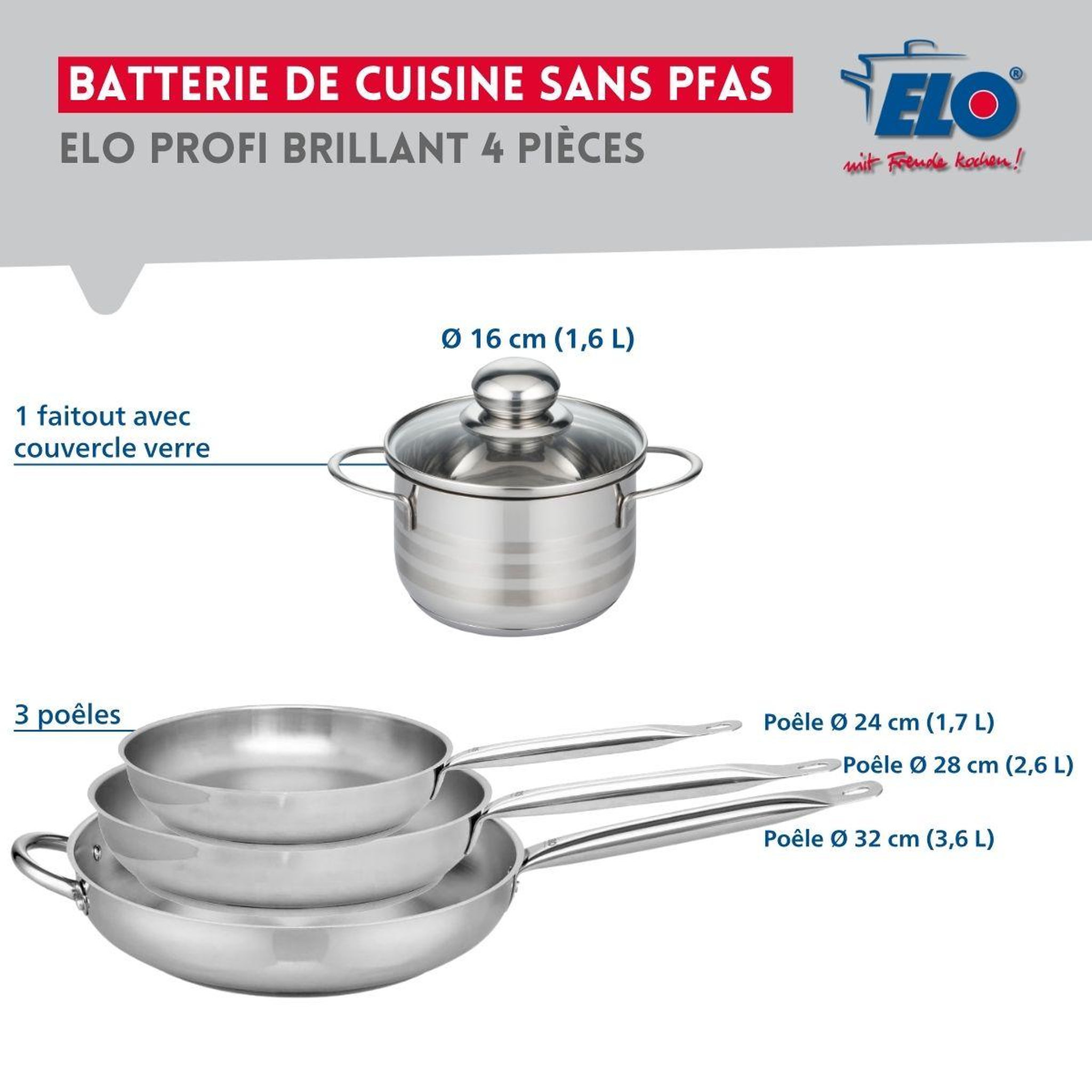 Voir la diapositive 2 : ELO Ensemble de 3 poêles de cuisson 24, 28 et 32 cm et 1 faitout 16 cm elo profi brillant
