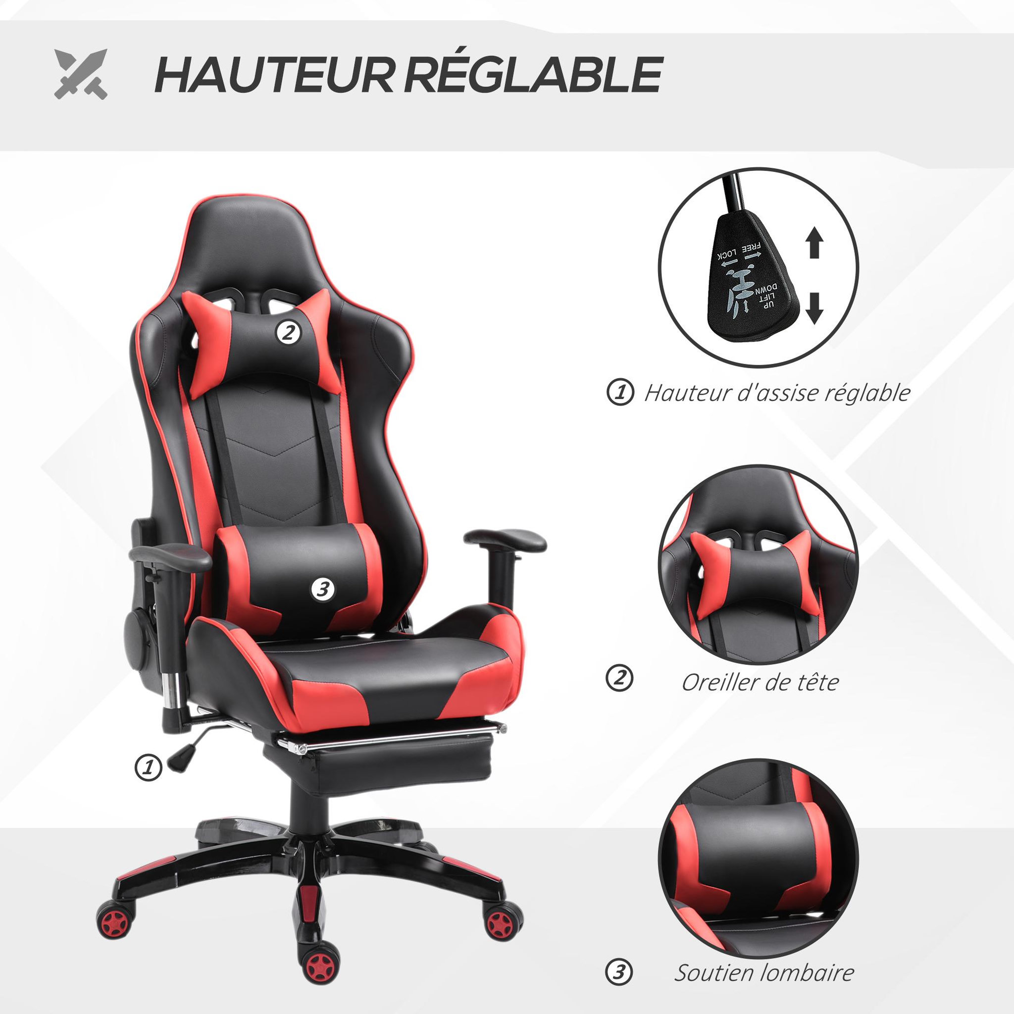 Voir la diapositive 5 : HOMCOM Chaise de bureau gaming style baquet racing pivotant inclinable réglable avec coussins repose-pieds synthétique noir rouge
