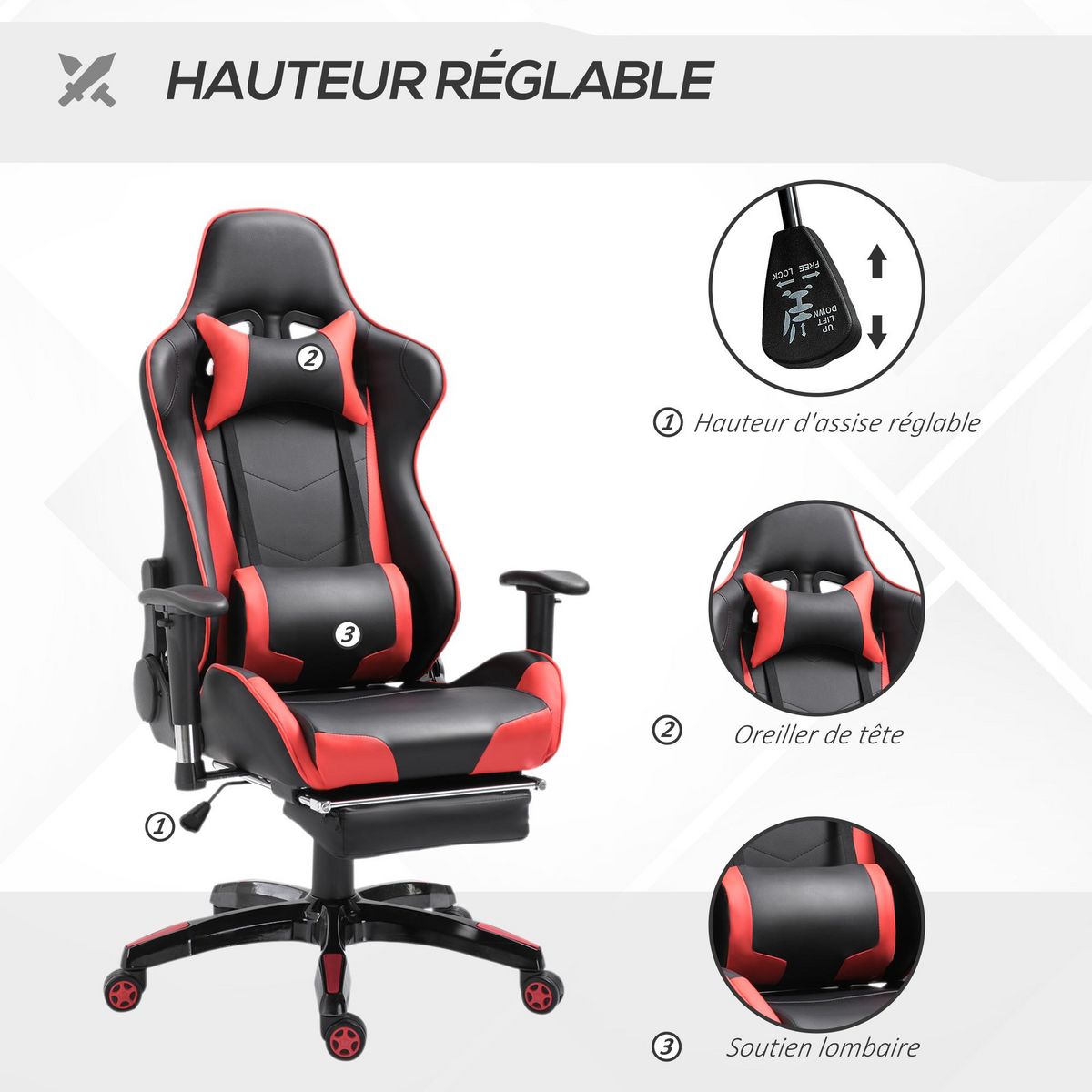 HOMCOM Chaise de bureau gaming style baquet racing pivotant inclinable réglable avec coussins repose-pieds synthétique noir rouge