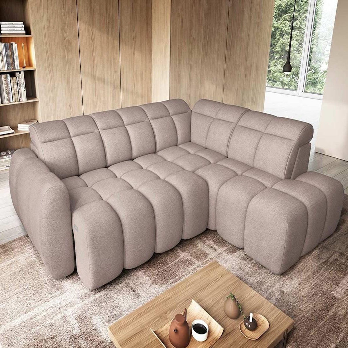 BEST MOBILIER Basile - canapé d'angle droit 4 places assise extensible électrique avec coffre en tissu texturé