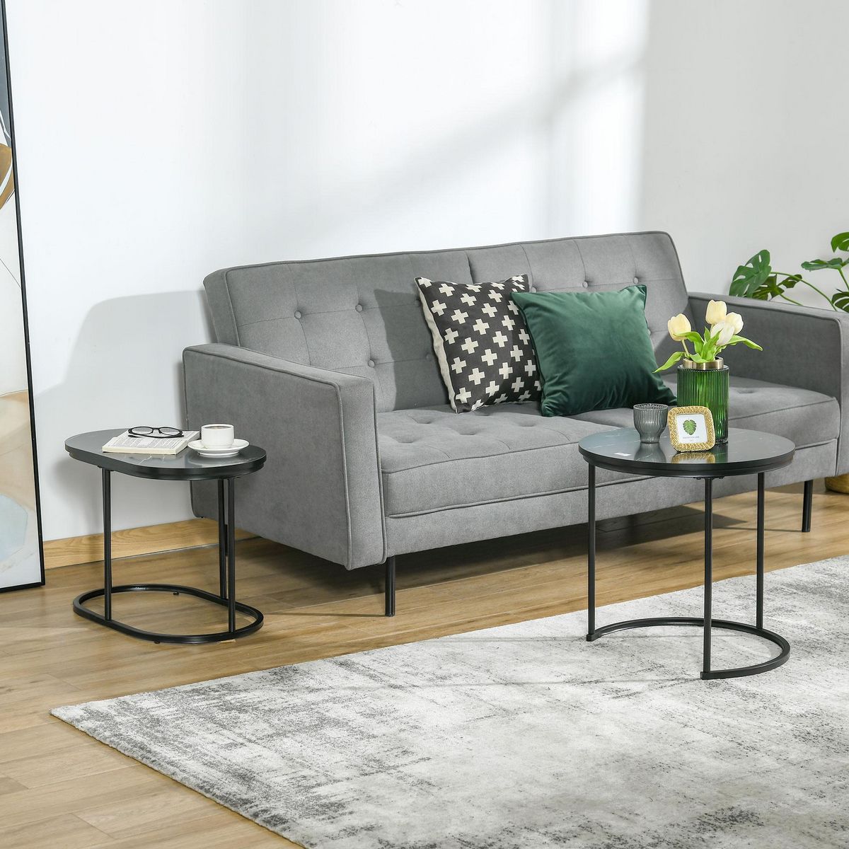 HOMCOM Lot de 2 tables basses gigognes - tables d'appoint encastrables style contemporain - piètement acier plateau MDF aspect marbre noir