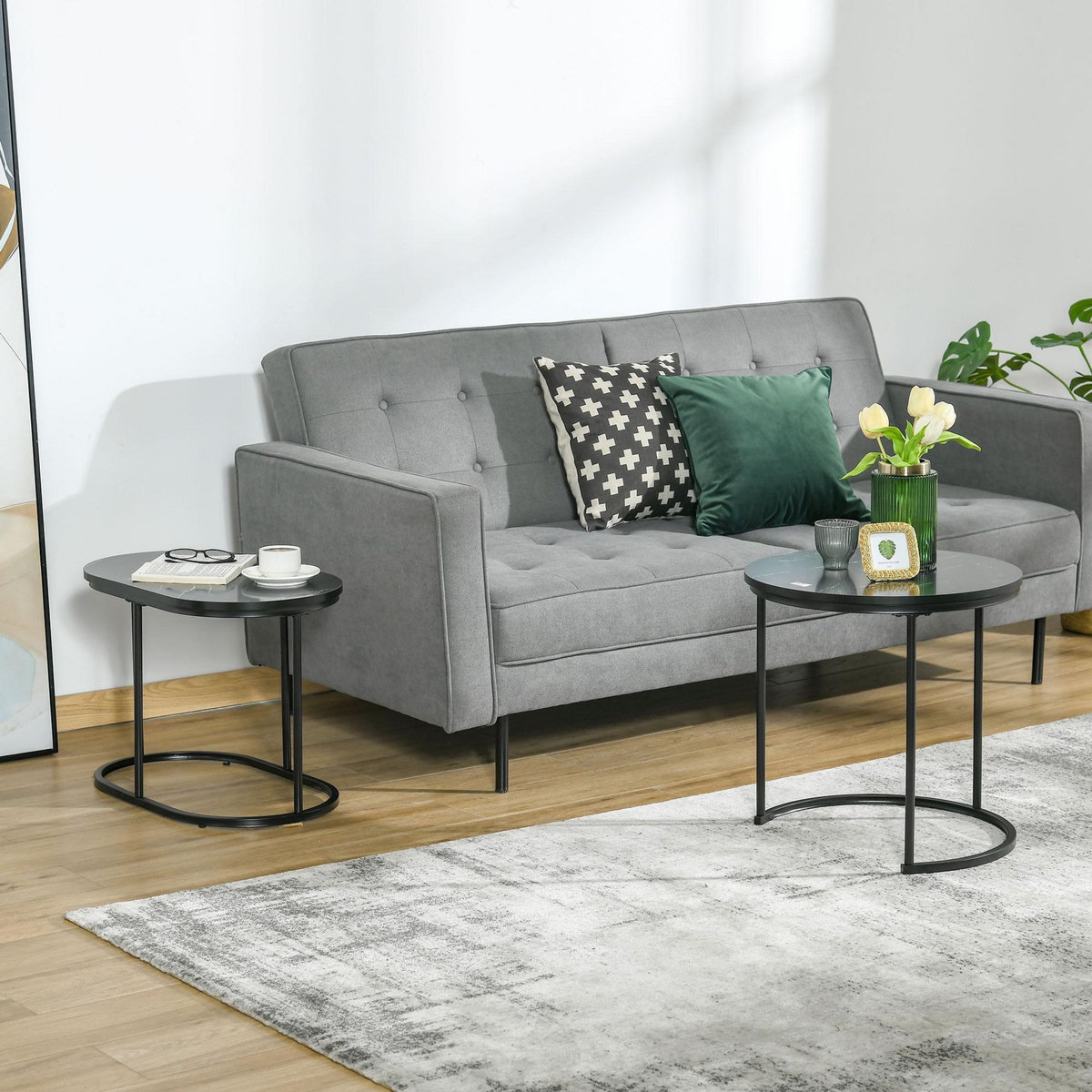 HOMCOM Lot de 2 tables basses gigognes - tables d'appoint encastrables style contemporain - piètement acier plateau MDF aspect marbre noir