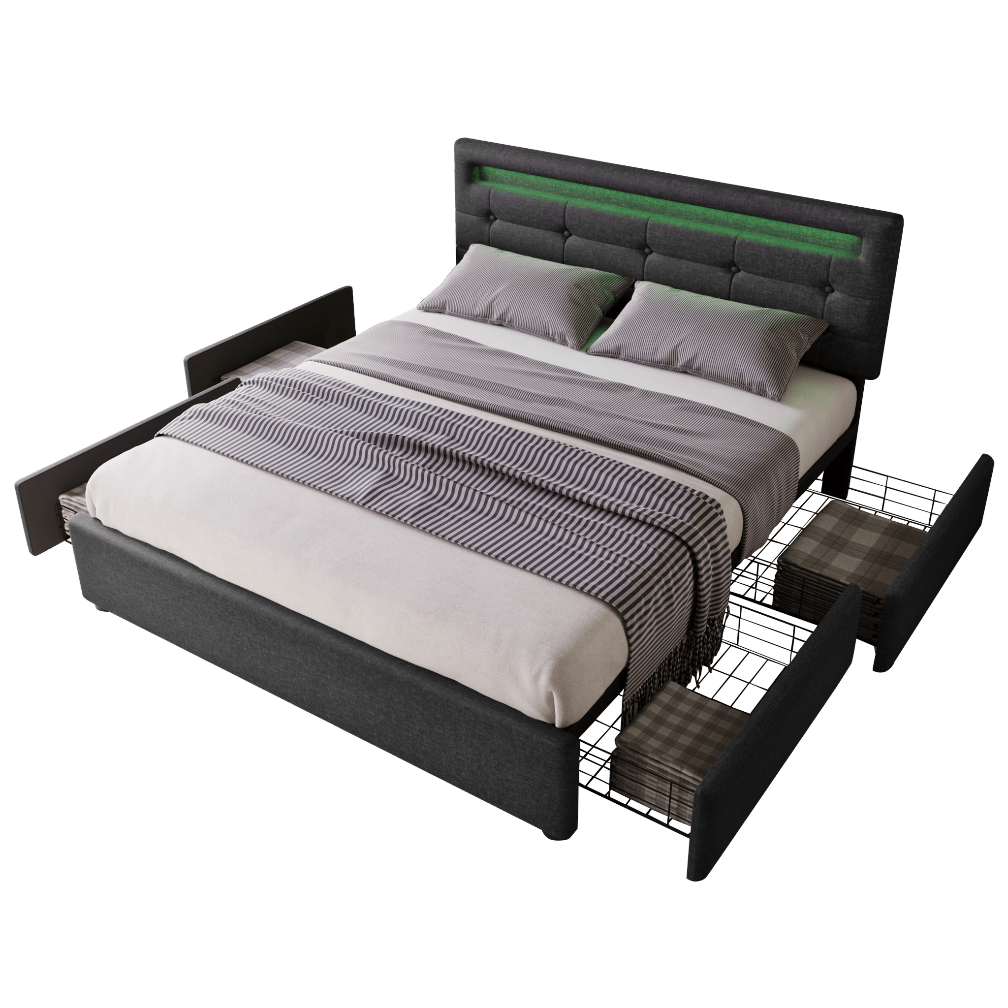 MERAX Lit avec tiroirs et LED Lin. Coloris disponibles : Gris, Noir