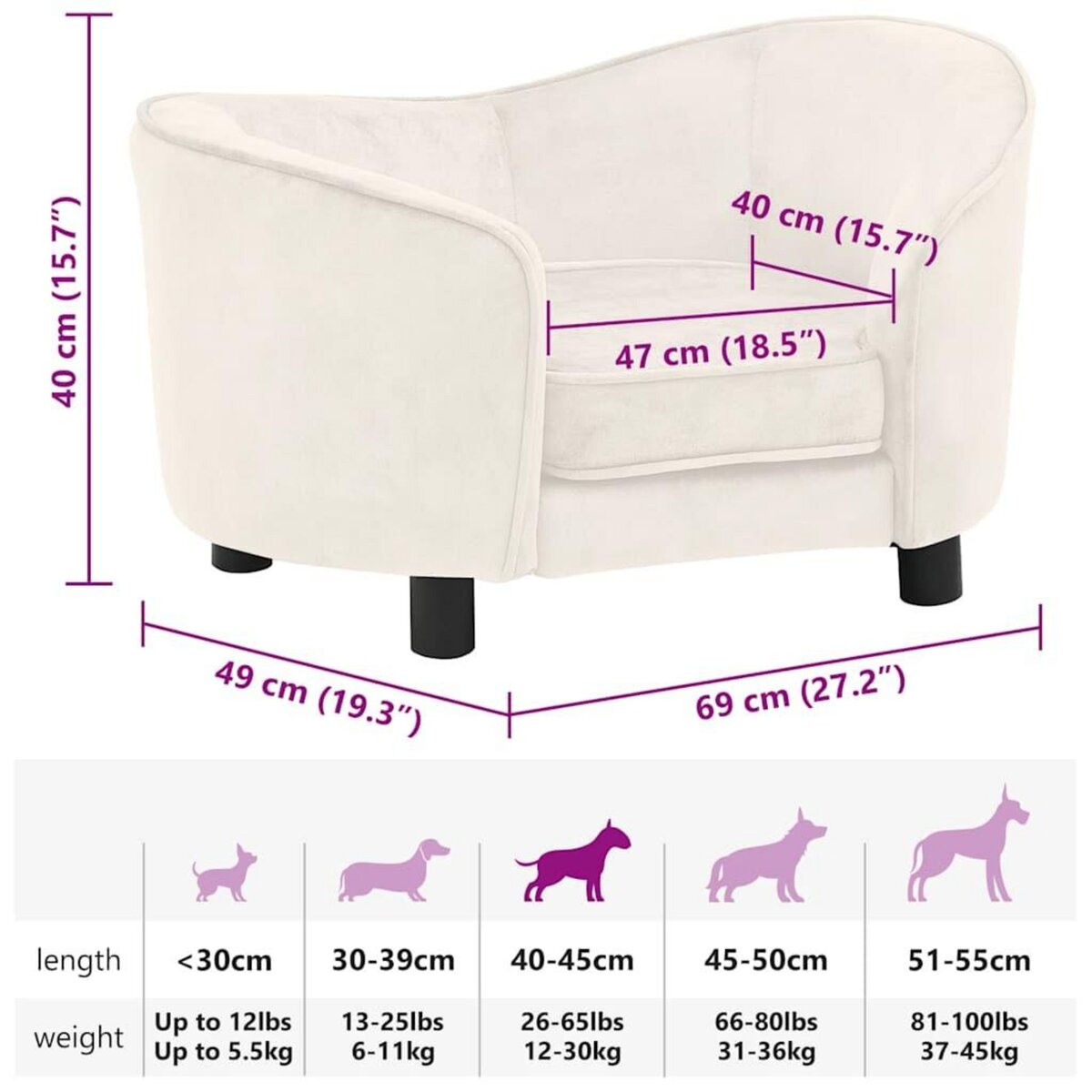 VIDAXL Canape pour chien Creme 69x49x40 cm Peluche