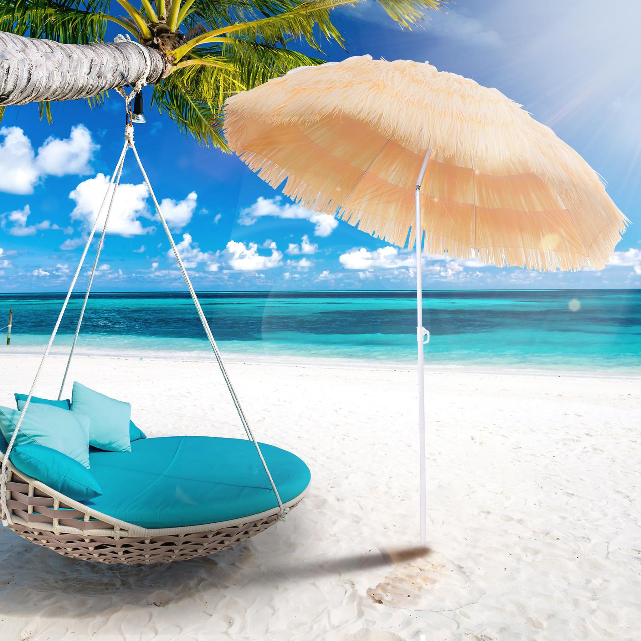 Voir la diapositive 2 : OUTSUNNY Parasol de plage jardin design hawai 160 cm raphia artificiel beige