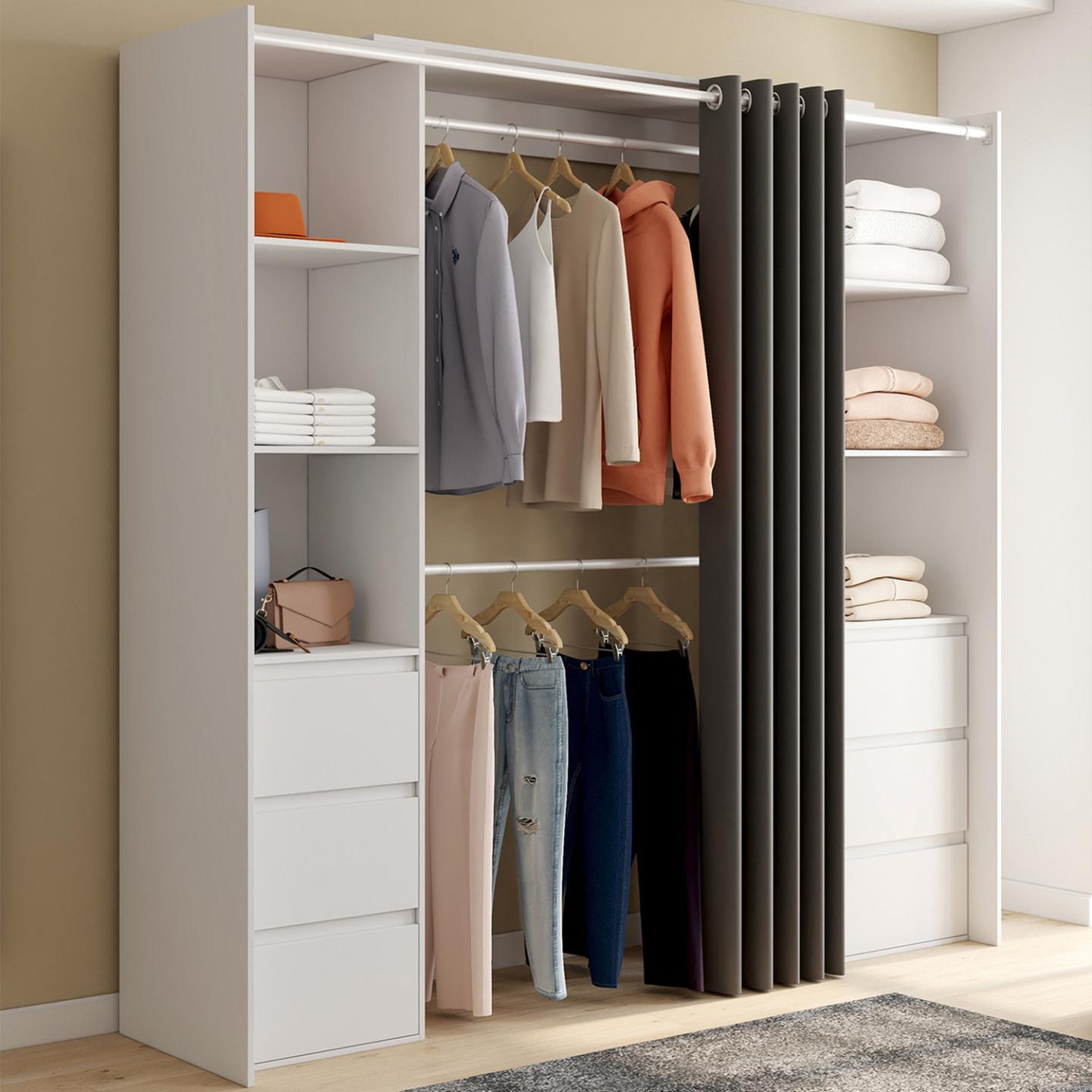 Voir la diapositive 2 : ID MARKET Dressing extensible double meryl 120/180 cm blanc avec 6 tiroirs + étagères + double penderie + rideau gris