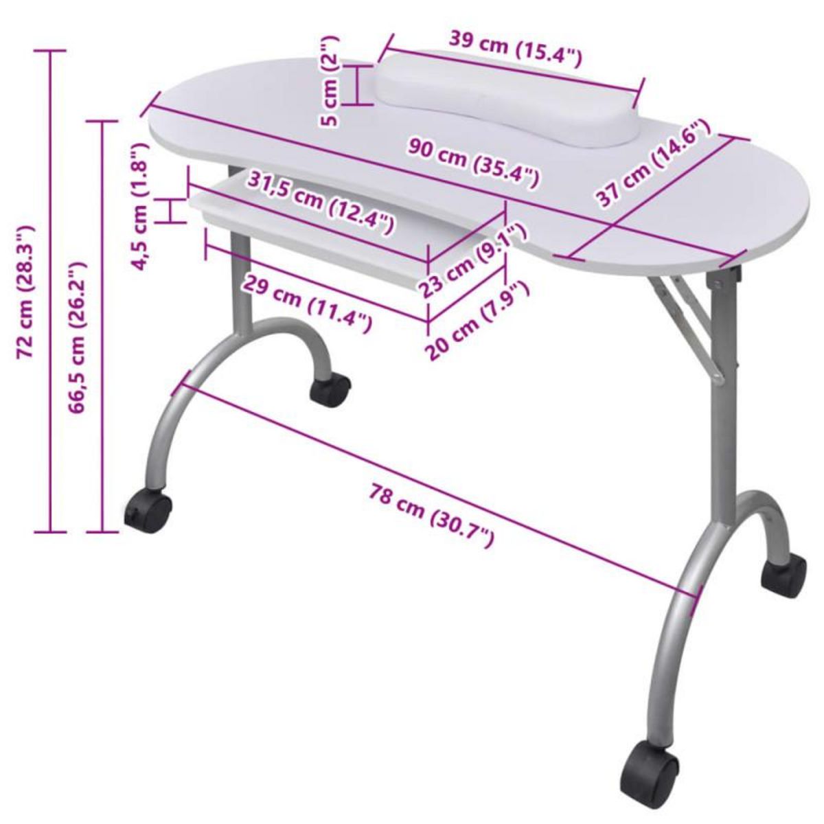 VIDAXL Table à manucure pliable avec roulettes Blanc