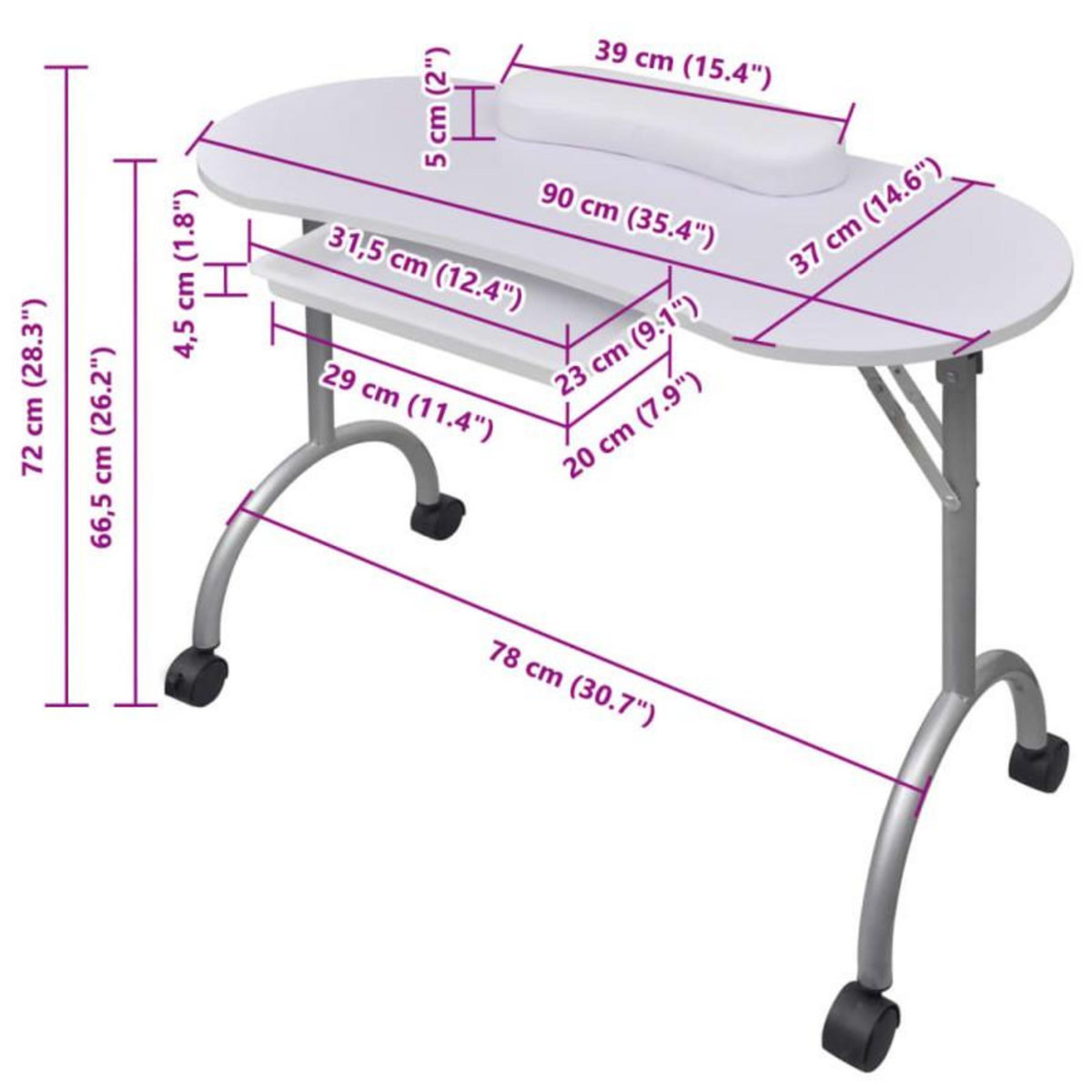 VIDAXL Table à manucure pliable avec roulettes Blanc