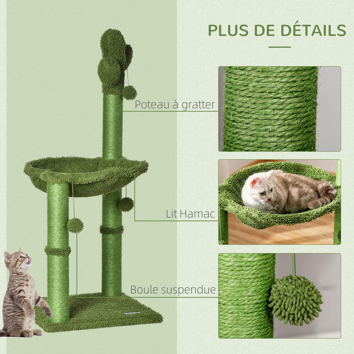 PAWHUT Arbre à chat griffoirs design cactus - hamac, 3 jouets pompons suspendus - panneaux peluche sisal vert