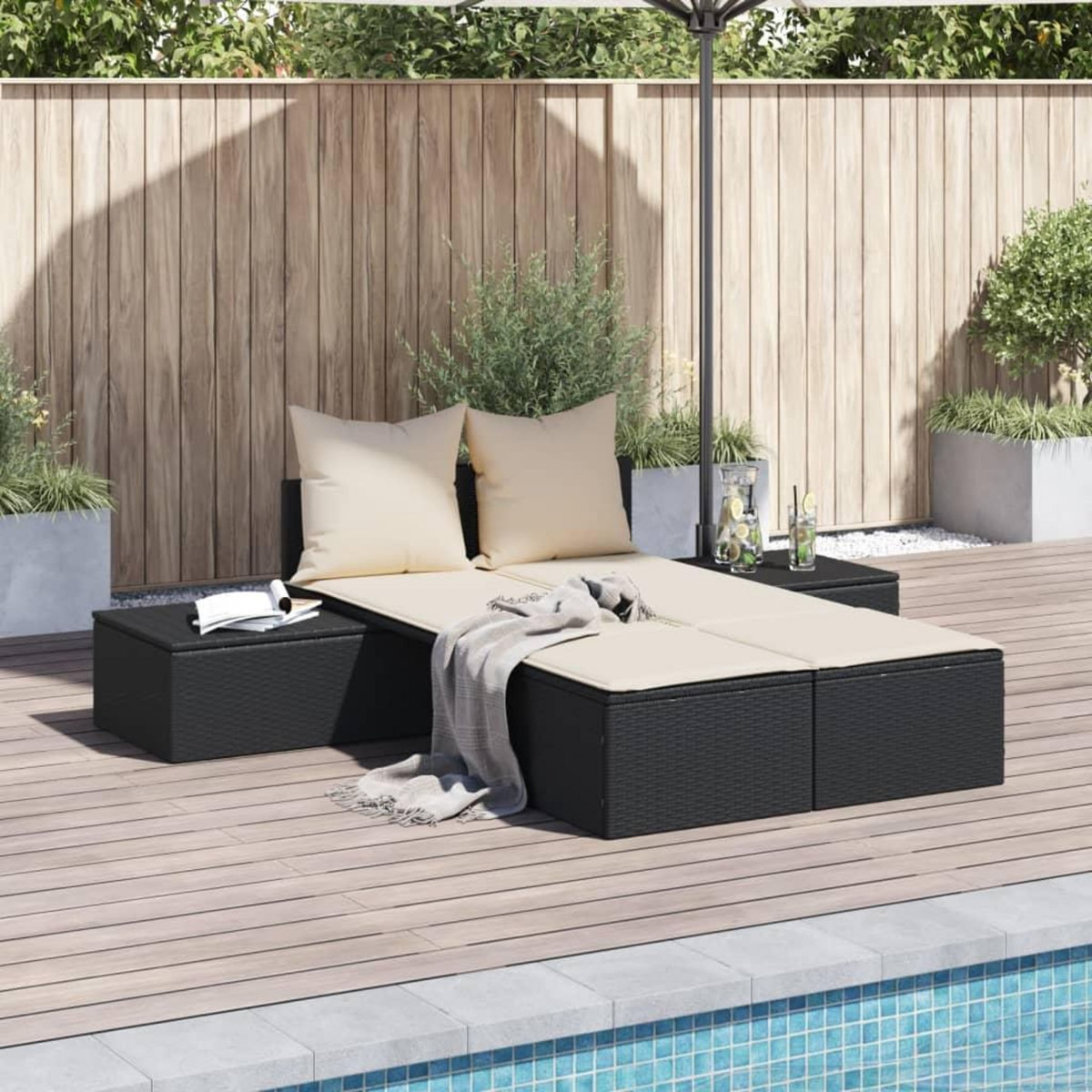 VIDAXL Chaise longue double avec coussins noir resine tressee