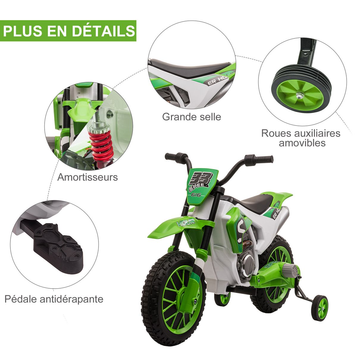 HOMCOM Moto cross électrique pour enfant 3 à 5 ans 12 V 3-8 Km/h avec roulettes latérales amovibles dim. 106,5L x 51,5l x 68H cm vert