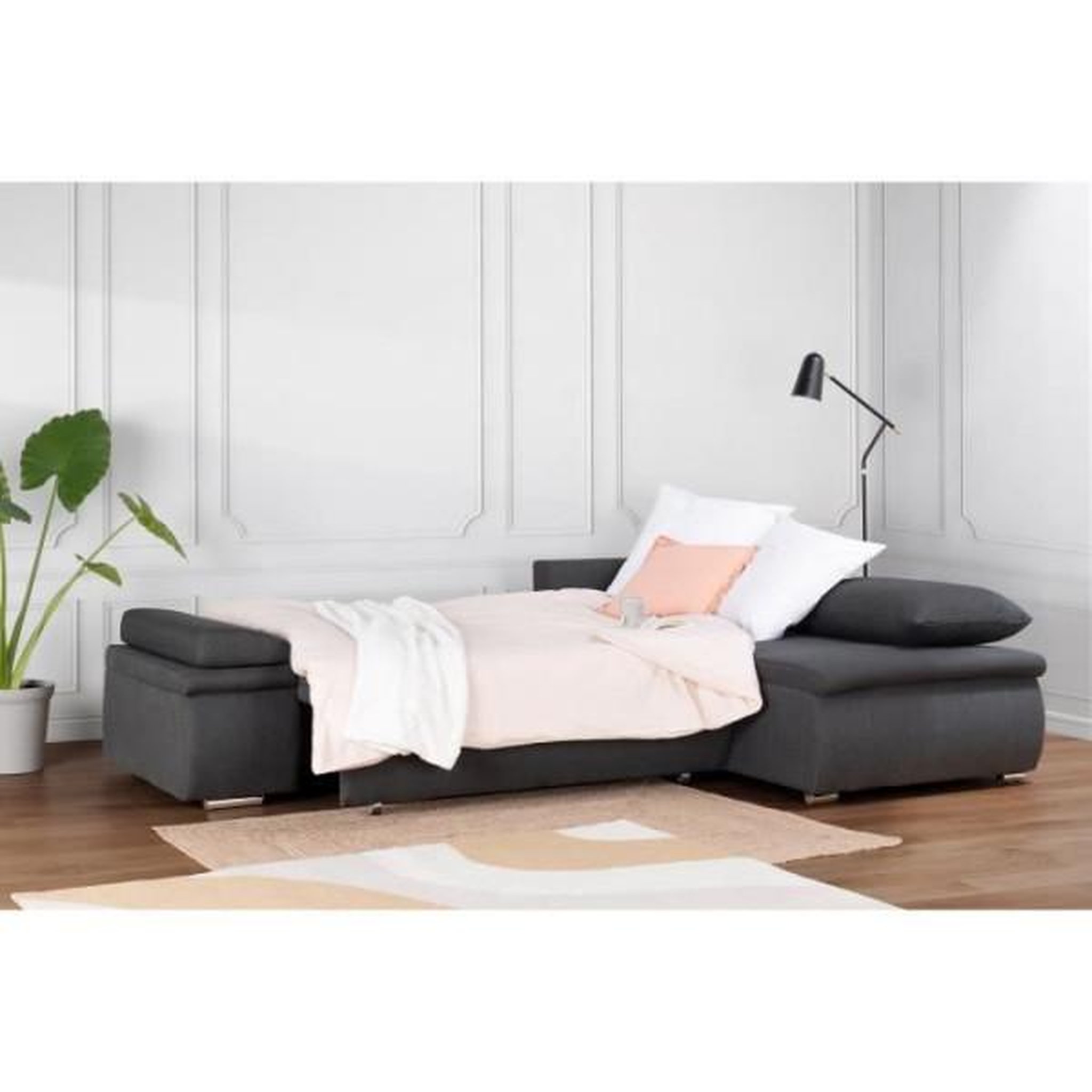 Voir la diapositive 5 : MARKET24 CELINA Canapé d'angle réversible convertible 3 places + Coffre de rangement - Tissu gris - L 274 x P 184 cm